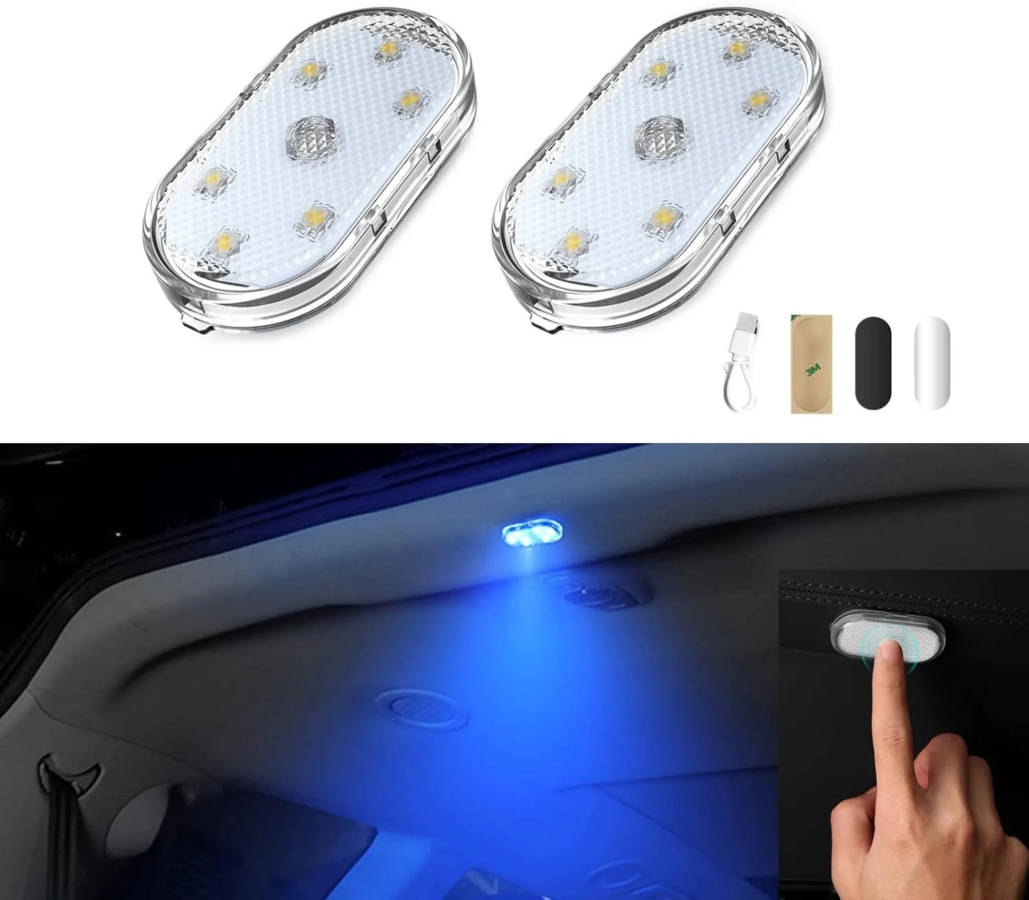 KASTWAVE Car LED Lights, Portable Interior LED Touch Lights with 6 Bright Lamp Beads, USB Rechargeable Emergency Light for Car (Blue Light)