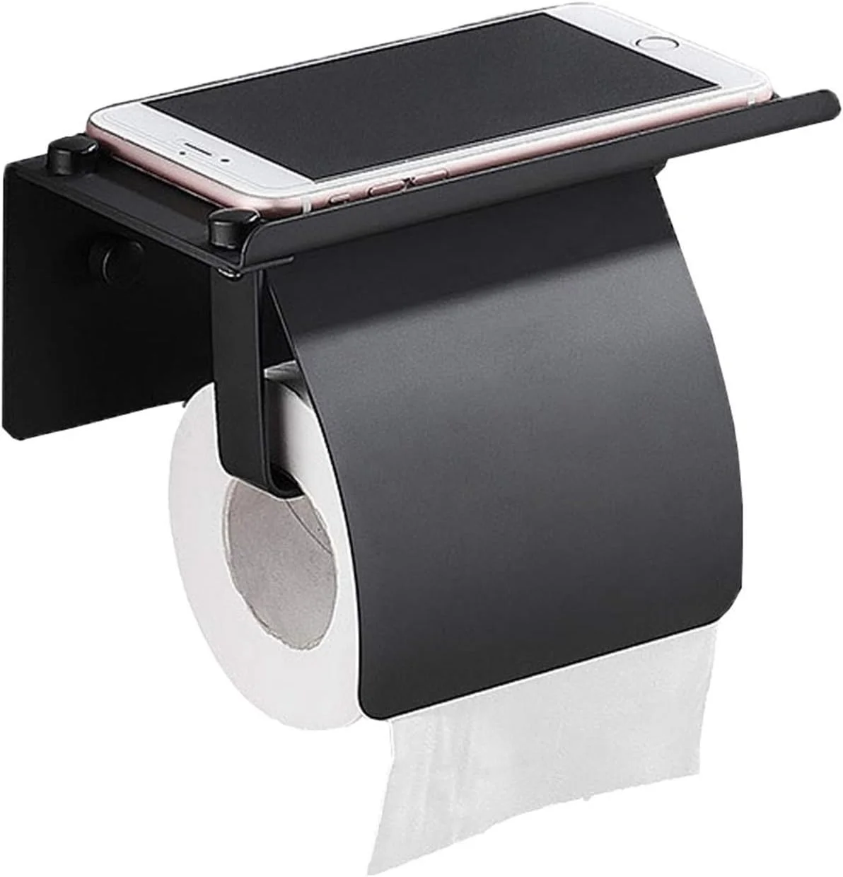 جا دستمال کاغذی توالت استیل ضد زنگ، جا دستمال کاغذی حمام با قفسه نگهداری موبایل و درب، مناسب برای حمام و آشپزخانه، مشکی