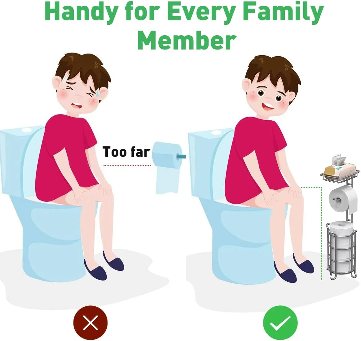 جا دستمال کاغذی ایستاده نقره ای - پخش کننده دستمال کاغذی با قفسه اضافی برای نگهداری لوازم حمام - مناسب برای رول های بزرگ، تلفن و دستمال مرطوب