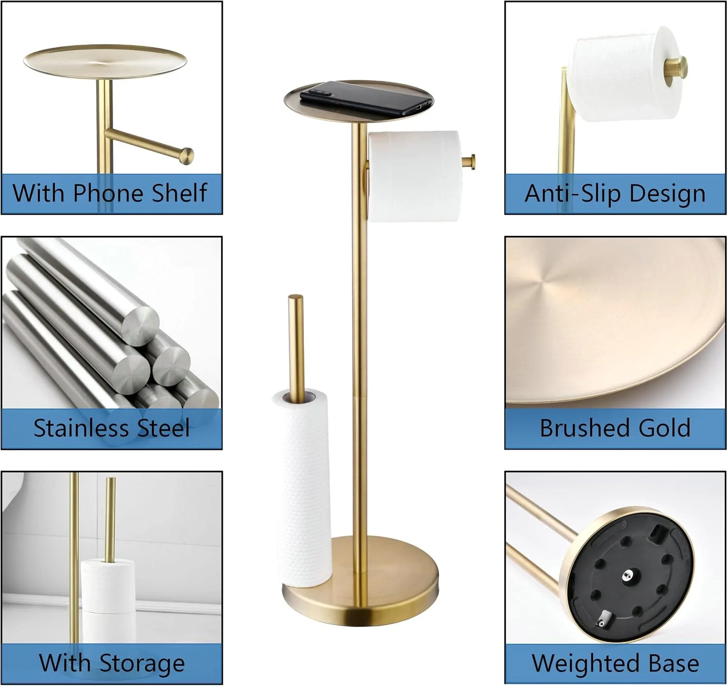 جا دستمال کاغذی ایستاده SHUNLI با محفظه ذخیره سازی، جا دستمال کاغذی طلایی برس خورده با قفسه، پایه نگهدارنده دستمال توالت، استیل ضد زنگ SUS304 جا دستمال کاغذی ایستاده SHUNLI با محفظه ذخیره سازی، جا دستمال کاغذی طلایی برس خورده با قفسه، پایه نگهدارنده دستمال توالت، استیل ضد زنگ SUS304