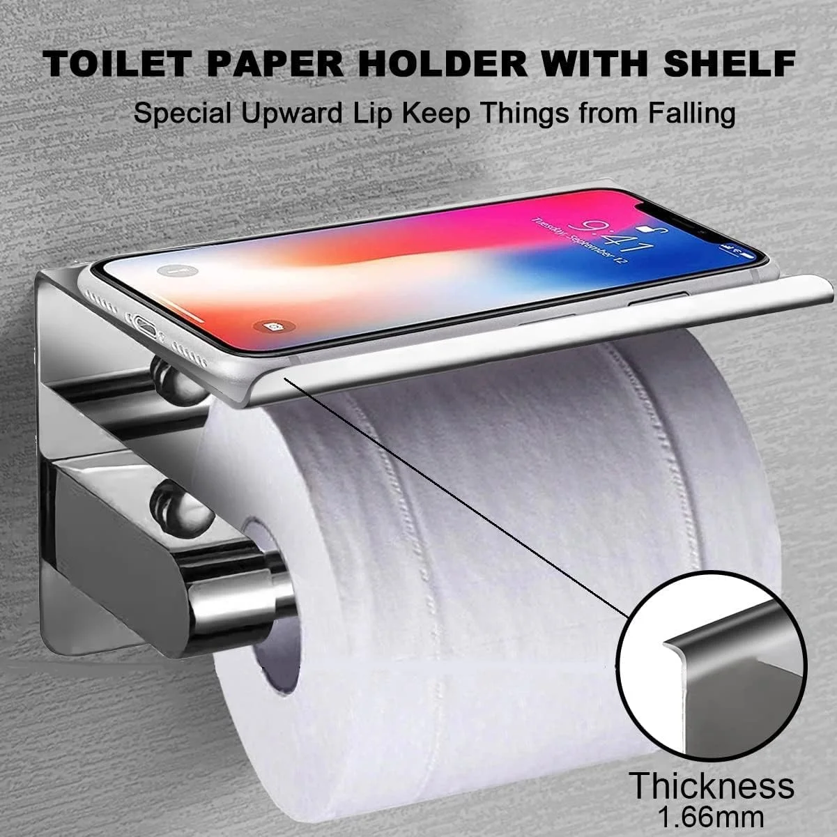نگهدارنده دستمال توالت با قفسه: نگهدارنده دستمال کاغذی توالت از جنس استیل ضد زنگ، نگهدارنده رولی دستمال توالت چسبی دیواری، نگهدارنده رولی حوله کاغذی ممتاز با قفسه نگهداری تلفن - کروم براق