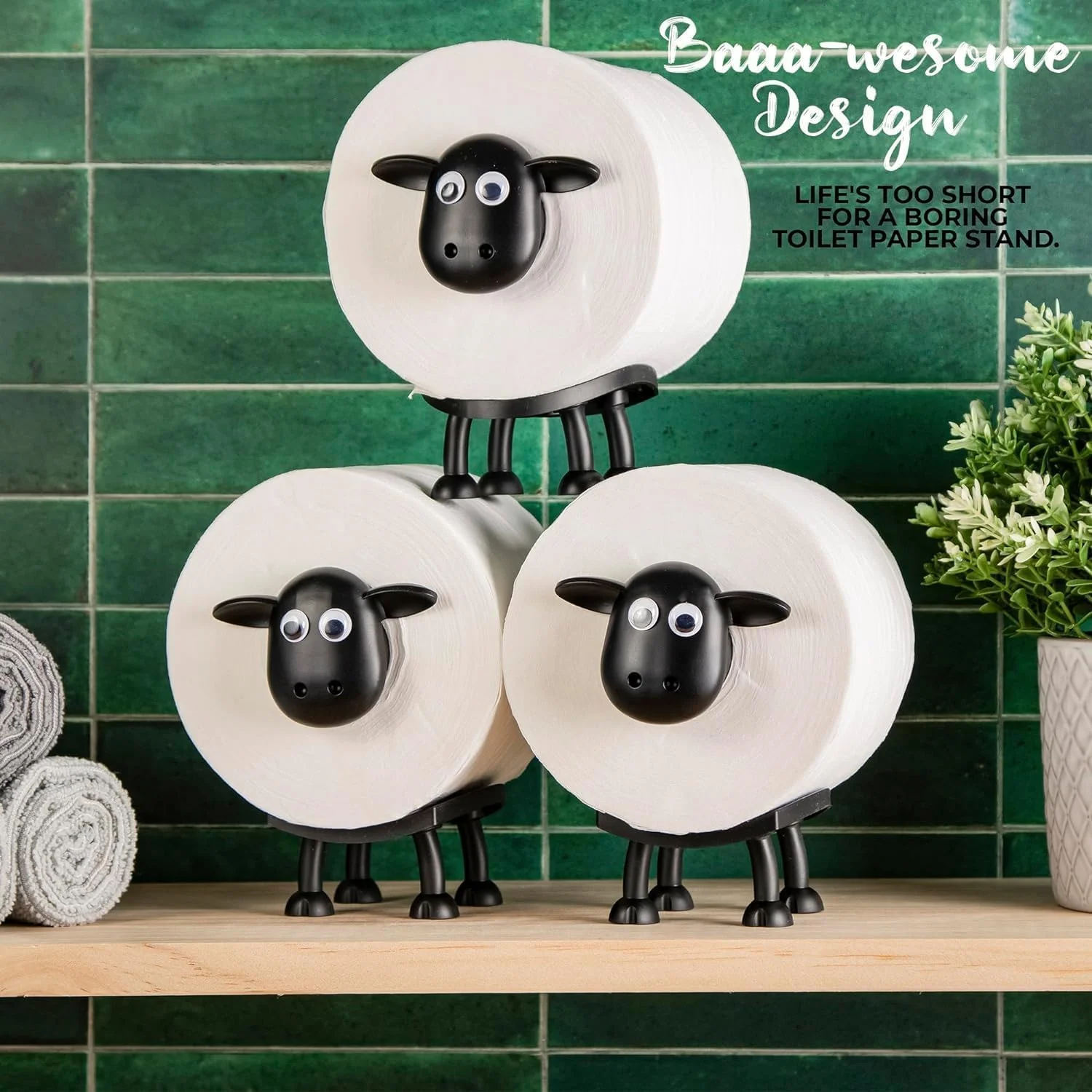 Sheep Toilet Roll Holder - Funny Toilet Paper Holder Free Standing Bathroom Set - 3D Printed Black Sheep Loo Roll Holder - Hilarious Tissue Paper Roll Storage (3PCS)