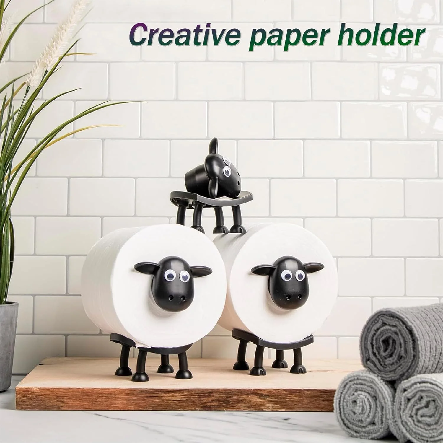 جا دستمال توالت طرح گوسفند، ست لوازم جانبی سرویس بهداشتی مجزا، نگهدارنده رول دستمال کاغذی، جای دستمال توالت فانتزی، دکوراسیون زیبای حمام، ست 3 عددی (3)