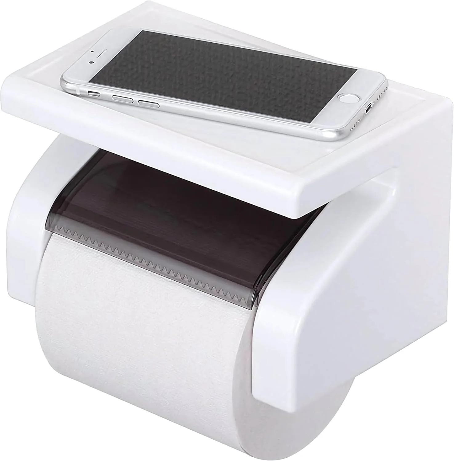 جا دستمال کاغذی چسبی ECVV® | نگهدارنده رول دستمال کاغذی پلاستیکی دیواری با سینی تلفن | ایده آل برای حمام، آشپزخانه و مصارف چند منظوره | سفید