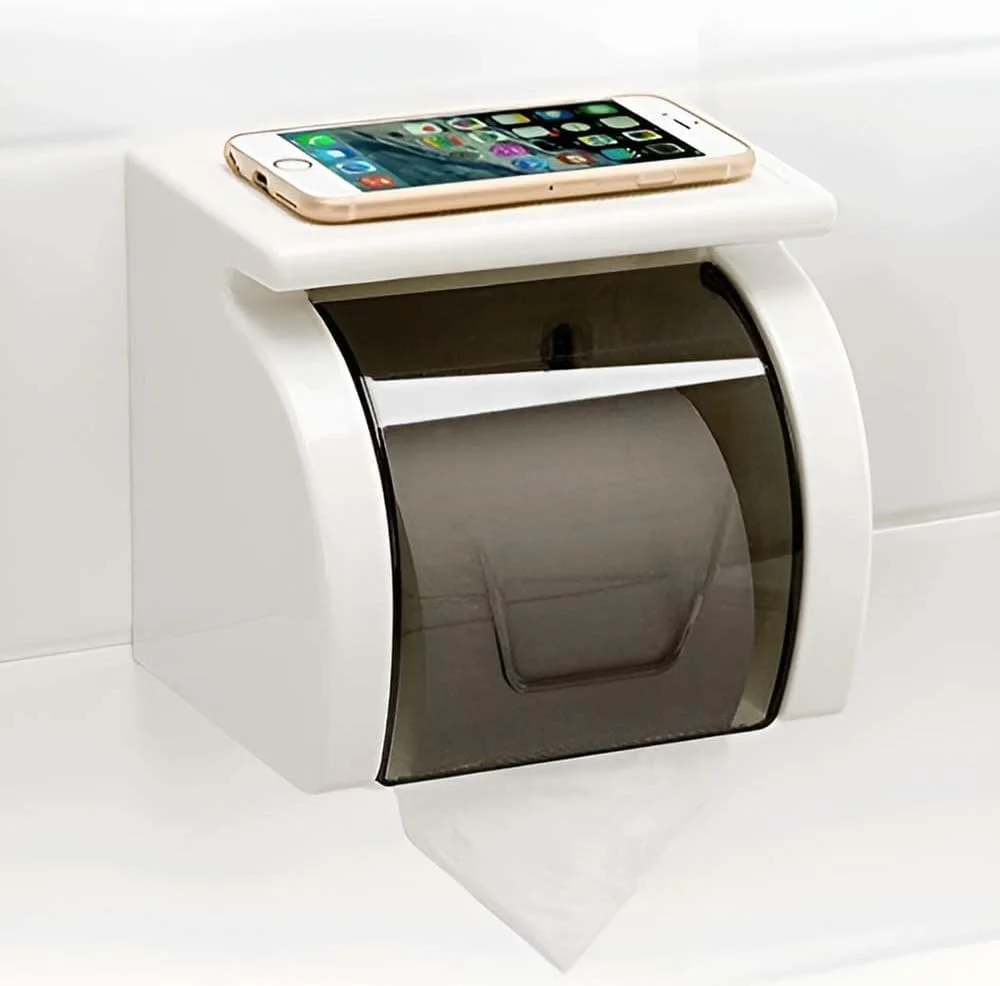 نگهدارنده دستمال توالت Volo®، نگهدارنده رول دستمال کاغذی خود چسب، نگهدارنده دستمال کاغذی دیواری، نگهدارنده تلفن، جا دستمال کاغذی پلاستیکی حمام، سینی توالت شفاف/مشکی. (بسته 1 عددی)
