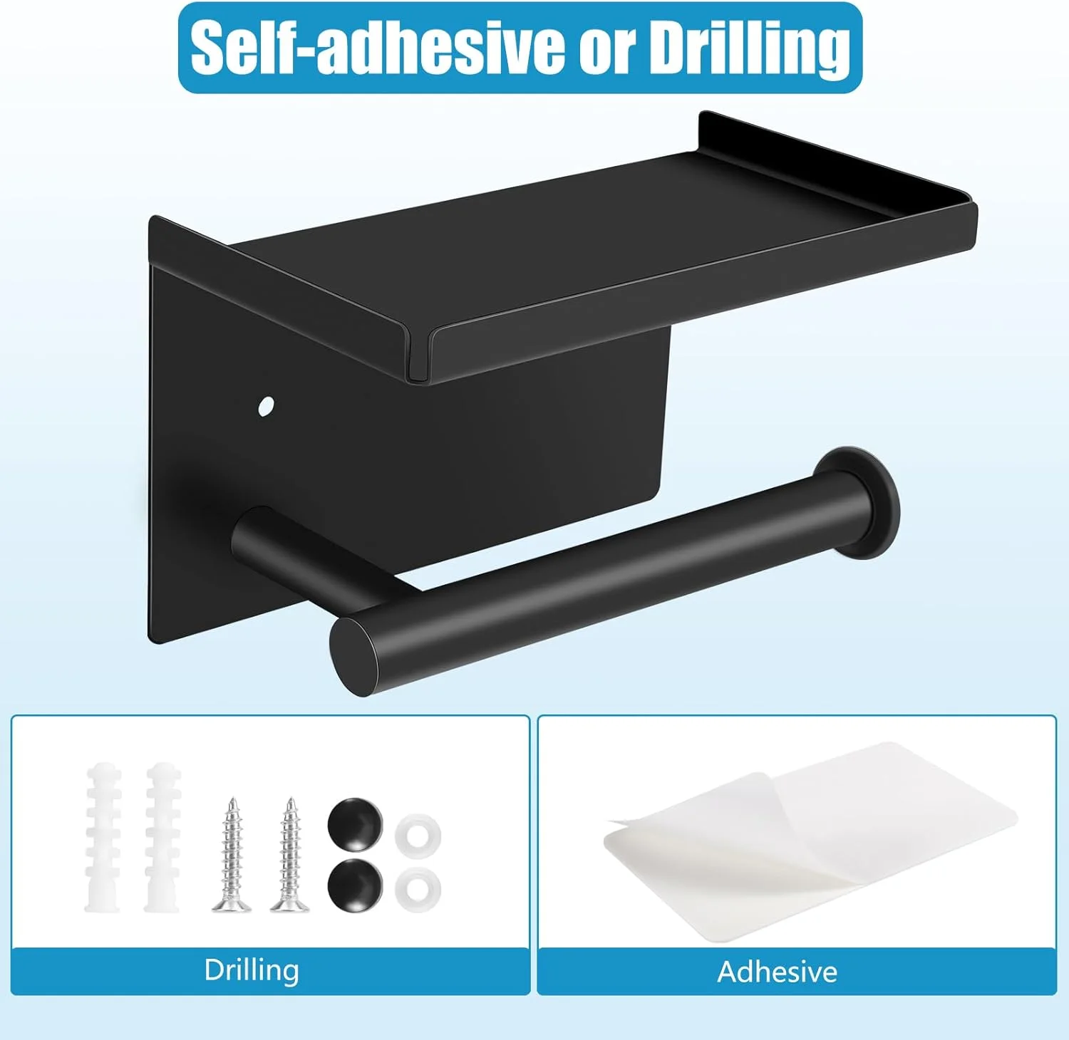 نگهدارنده رول توالت مشکی Ruig، نگهدارنده کاغذ توالت استیل ضد زنگ با قفسه، نگهدارنده کاغذی دیواری خود چسب، لوازم جانبی حمام
