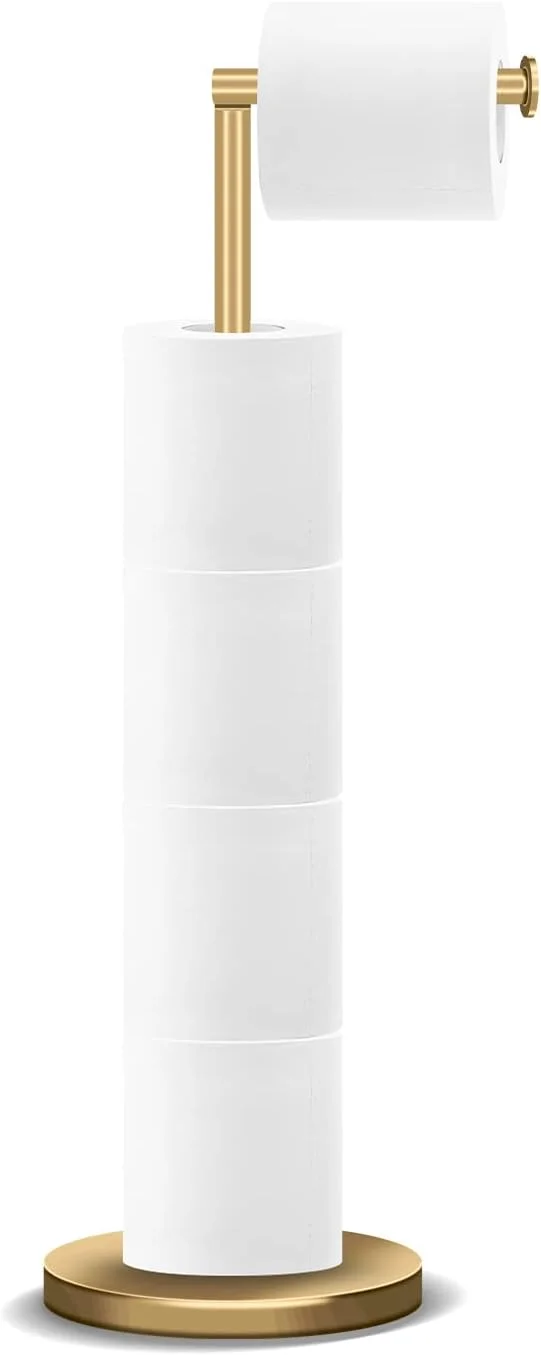 پایه نگهدارنده رول دستمال توالت RRM، پایه دستمال توالت ایستاده حمام با فضای ذخیره سازی 3-4 رول دستمال توالت، پایه نگهدارنده دستمال توالت استیل ضد زنگ 22 اینچی (طلایی)
