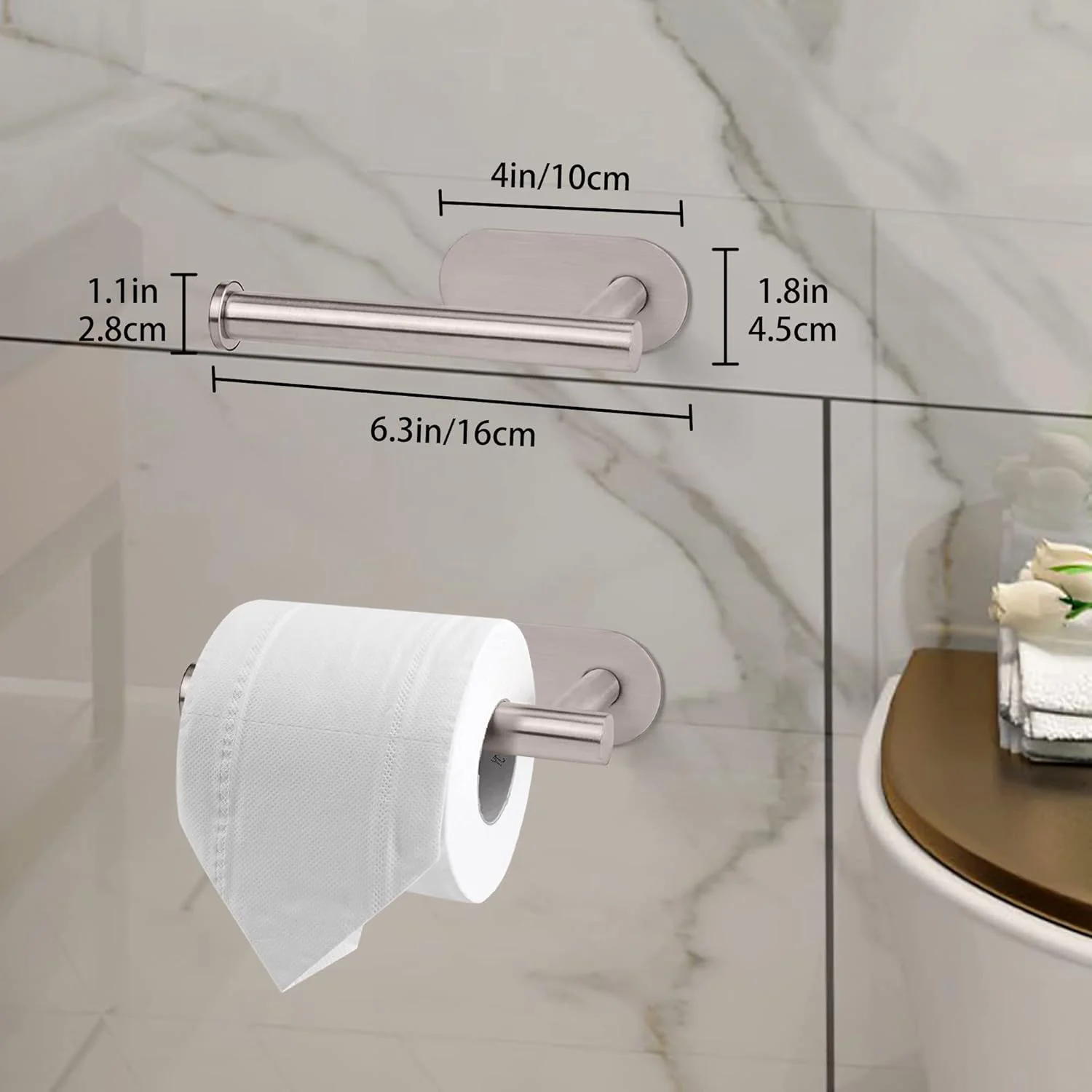 جا دستمال کاغذی رولی چسبی RONGCN بسته 2 عددی، نصب دیواری، نقره ای نیکل برس خورده، استیل ضد زنگ 304، مناسب دستشویی، بدون نیاز به سوراخکاری