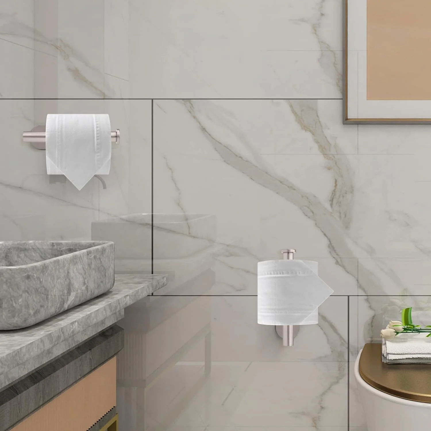 جا دستمال کاغذی رولی چسبی RONGCN بسته 2 عددی، نصب دیواری، نقره ای نیکل برس خورده، استیل ضد زنگ 304، مناسب دستشویی، بدون نیاز به سوراخکاری