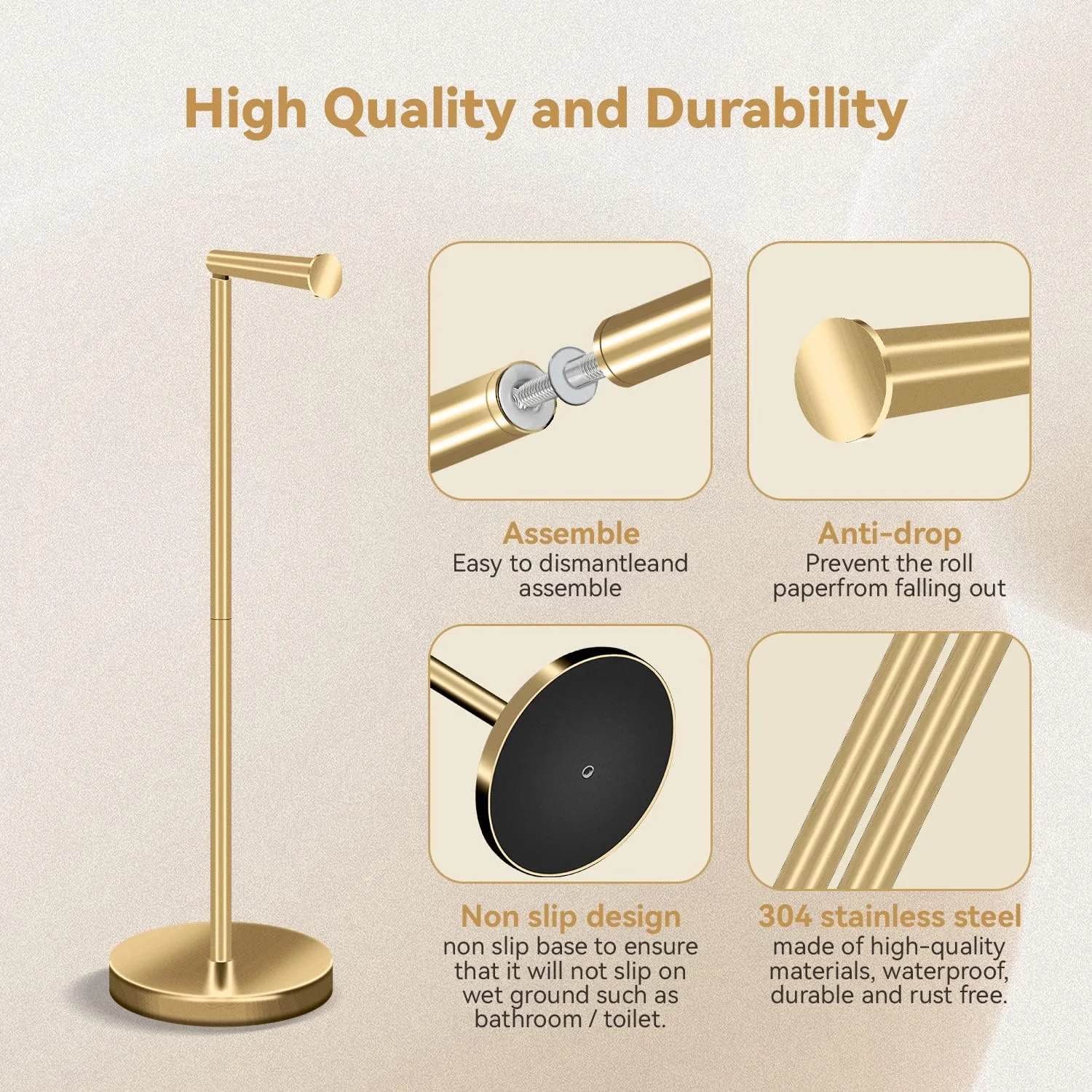 پایه نگهدارنده رول دستمال توالت RRM، پایه دستمال توالت ایستاده حمام با فضای ذخیره سازی 3-4 رول دستمال توالت، پایه نگهدارنده دستمال توالت استیل ضد زنگ 22 اینچی (طلایی)