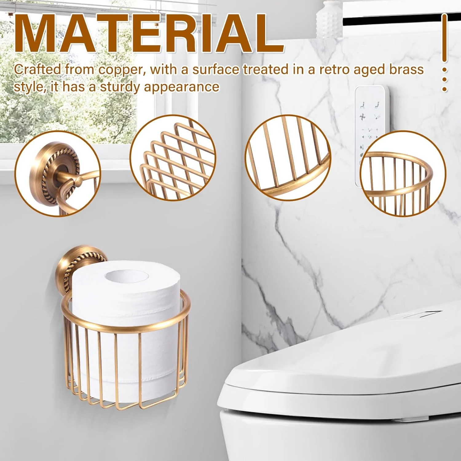 نگهدارنده دستمال توالت، نگهدارنده دیواری ضد زنگ برای دستمال توالت، 13.6 x 16.5 سانتی متر، سبد سیمی دستمال رولی مسی عتیقه، پخش کننده دستمال توالت تجاری برای حمام، آشپزخانه، دستشویی