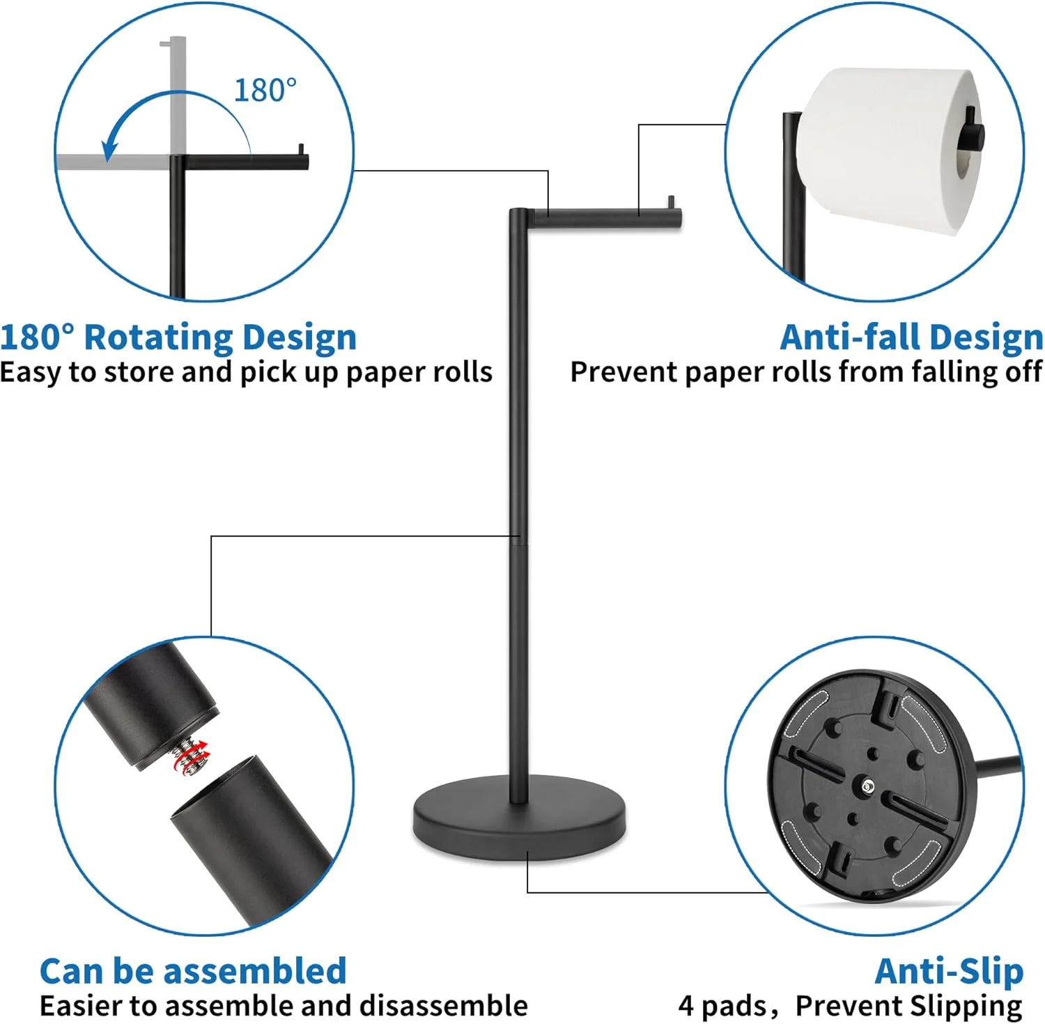 پایه نگهدارنده دستمال توالت ایستاده مشکی مات RFOUO، پایه نگهدارنده دستمال توالت ایستاده، ذخیره سازی دستمال توالت حمام با پایه سنگین 2.7 پوندی برای 4+1 رول، نگهدارنده دستمال کاغذی توالت، پایه رول توالت