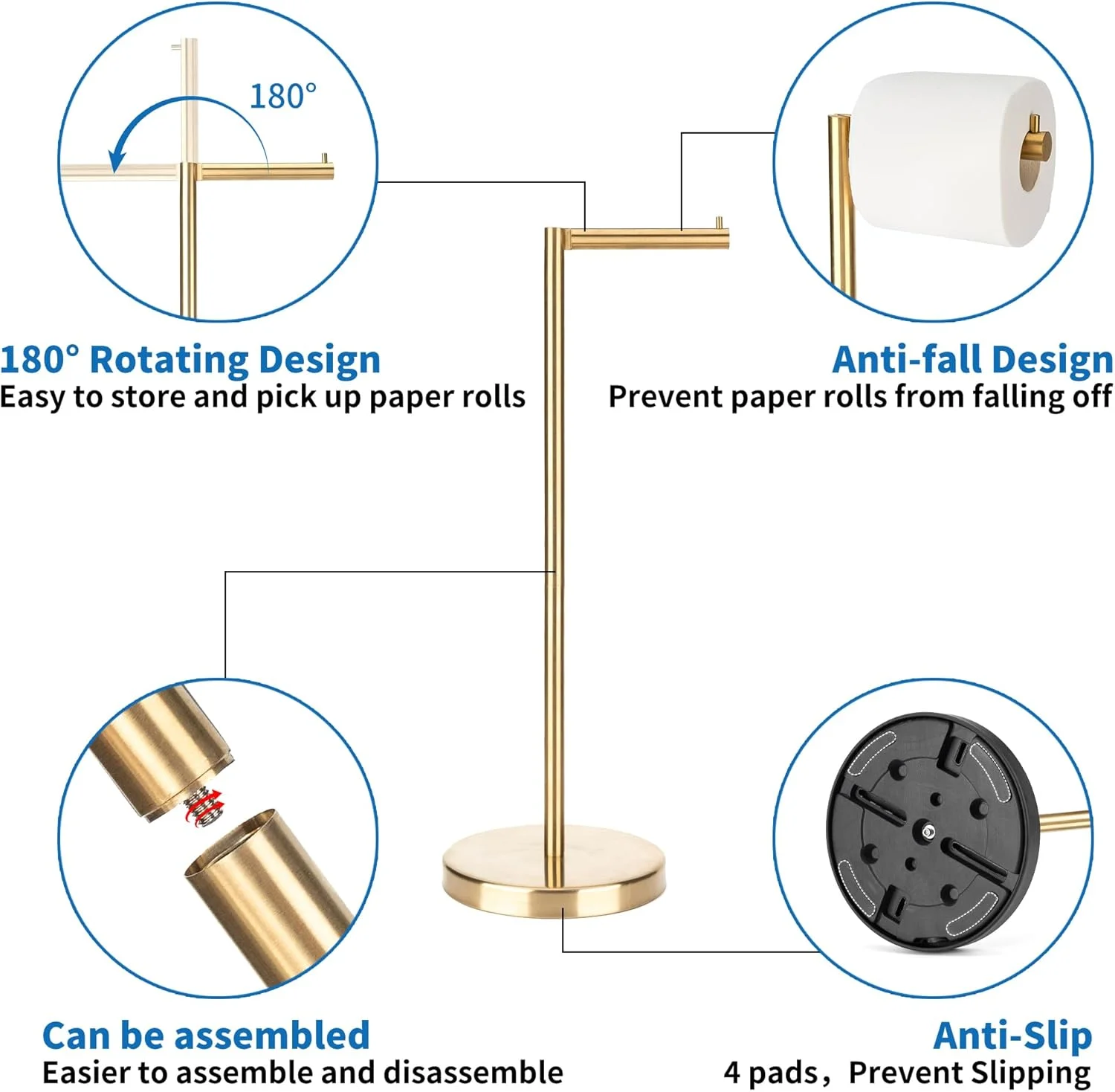 پایه نگهدارنده دستمال توالت طلایی مات RFOUO، پایه نگهدارنده دستمال توالت ایستاده، ذخیره سازی دستمال توالت حمام با پایه سنگین 2.7 پوندی برای 4+1 رول، نگهدارنده دستمال کاغذی توالت، پایه رول توالت