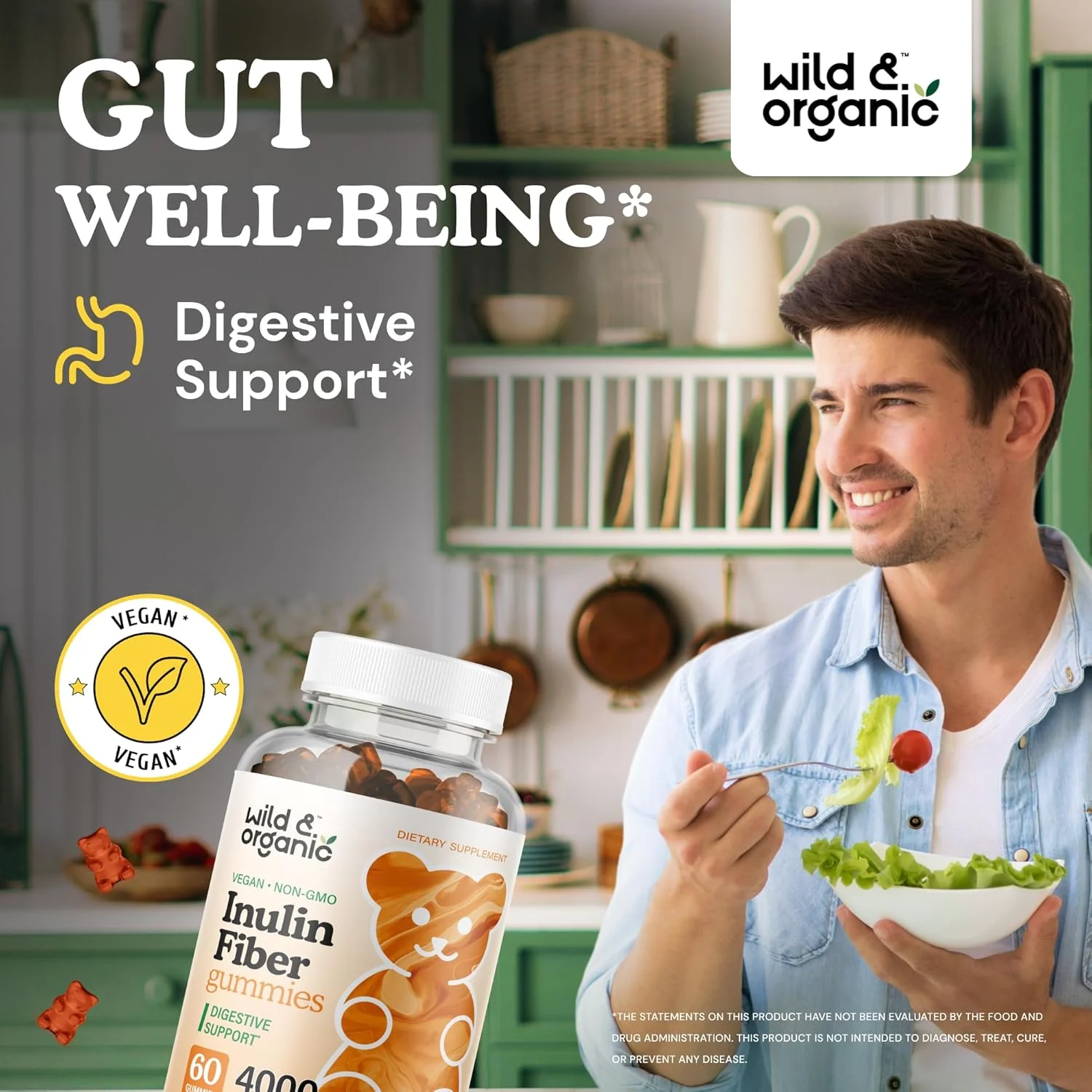 پاستیل فیبر اینولین ارگانیک و وحشی - پاستیل مکمل فیبر اینولین برای سلامت دستگاه گوارش - پاستیل فیبر پری بیوتیک برای بزرگسالان از ریشه کاسنی ارگانیک - وگان، 4000 میلی گرم، 60 عدد