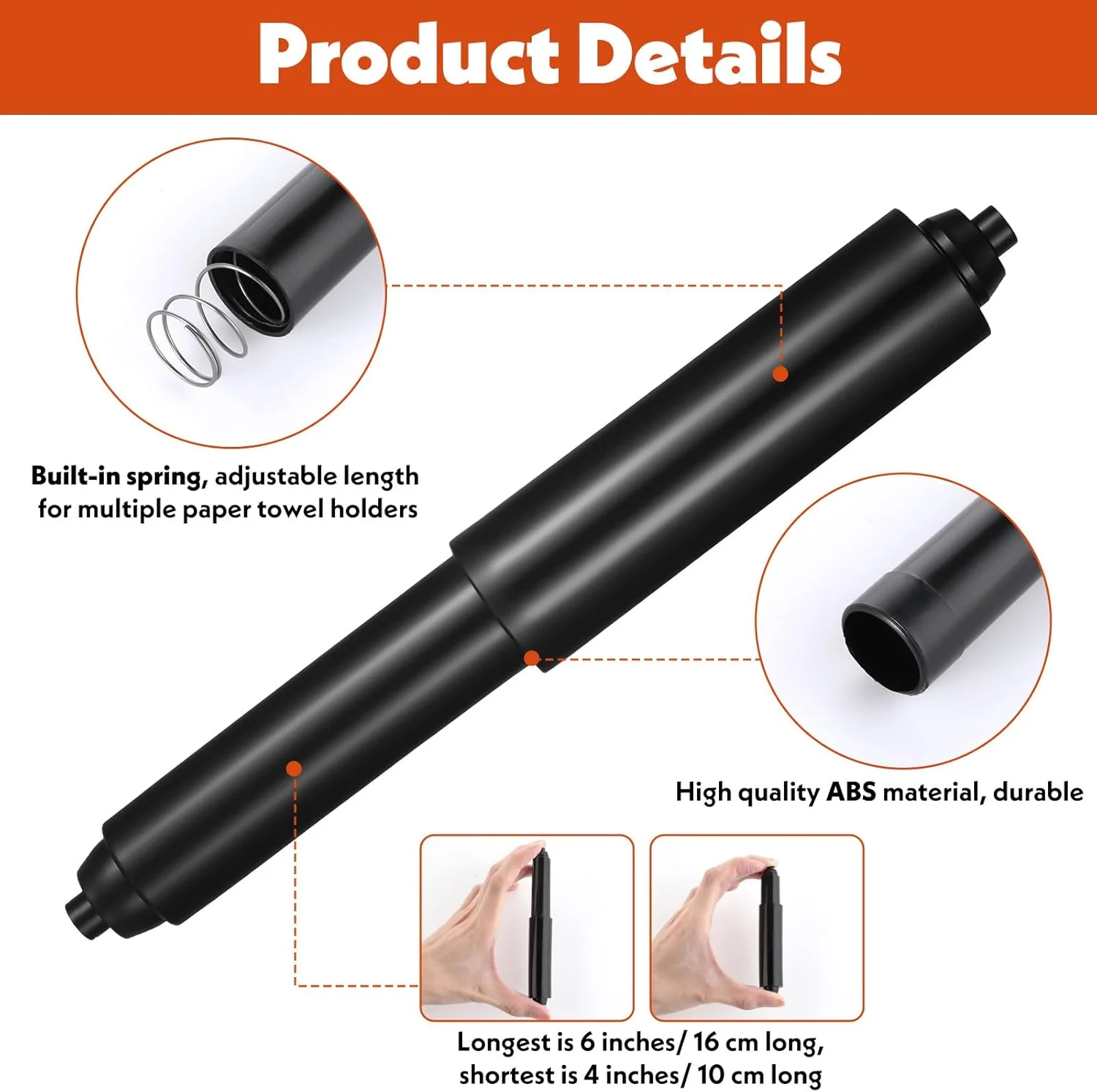 غلتک نگهدارنده کاغذ توالت جایگزین 2 عددی، میله فنری کاغذ توالت جهانی، نگهدارنده قابل تنظیم رول کاغذ توالت، محور پلاستیکی دستمال کاغذی برای توالت حمام (مشکی)