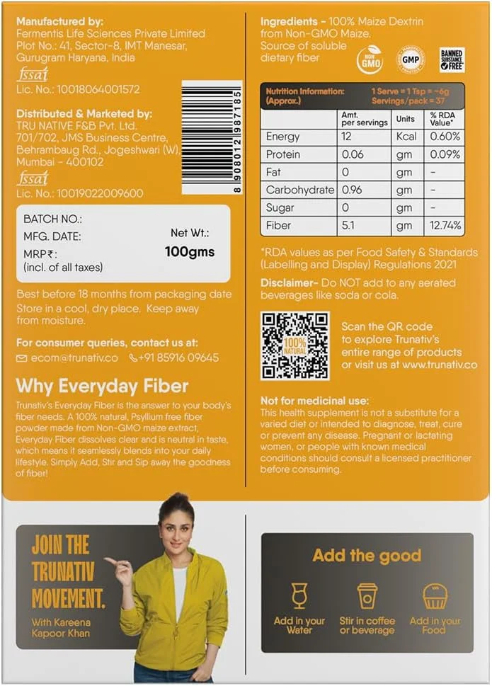 Trunativ Everyday Fiber Supplement Powder | Instant Acidity Relief & Bloating Relief | Prebiotic Fibre Supplement | Psyllium Husk Replacer & Isabgol Replacer | Gluten Free | Unflavored 100g (Pack of 1