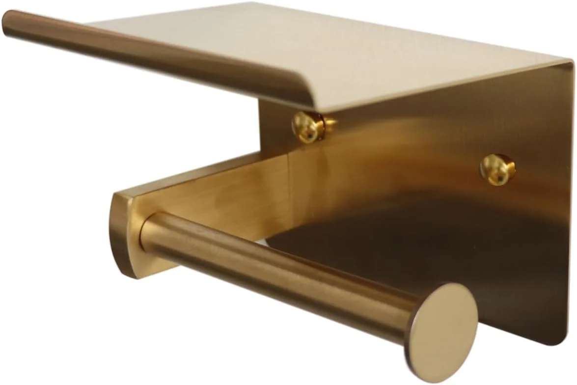 جا دستمال کاغذی توالت چسبی Refila با قفسه تلفن، استیل ضد زنگ، نصب دیواری - ضد زنگ و جا دستمال کاغذی توالت با قفسه (طلایی)