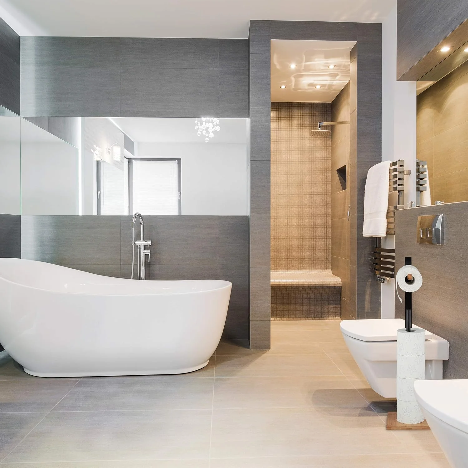 جا دستمال توالت ایستاده Relaxdays، بامبو با قفسه رول یدکی، برای 5 عدد، ارتفاع*عرض*عمق: 71x19x19 سانتی متر، مشکی-طبیعی، بسته 1 عددی