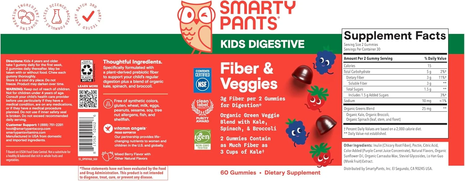 SmartyPants فیبر و سبزیجات کودکان: پاستیل فیبر پری بیوتیک برای کودکان، مکمل فیبر با اینولین، مخلوط سبزیجات سبز ارگانیک، وگان، بدون گلوتن، طعم توت مخلوط، 60 عدد (30 روز) SmartyPants فیبر و سبزیجات کودکان: پاستیل فیبر پری بیوتیک برای کودکان، مکمل فیبر با اینولین، مخلوط سبزیجات سبز ارگانیک، وگان، بدون گلوتن، طعم توت مخلوط، 60 عدد (30 روز)