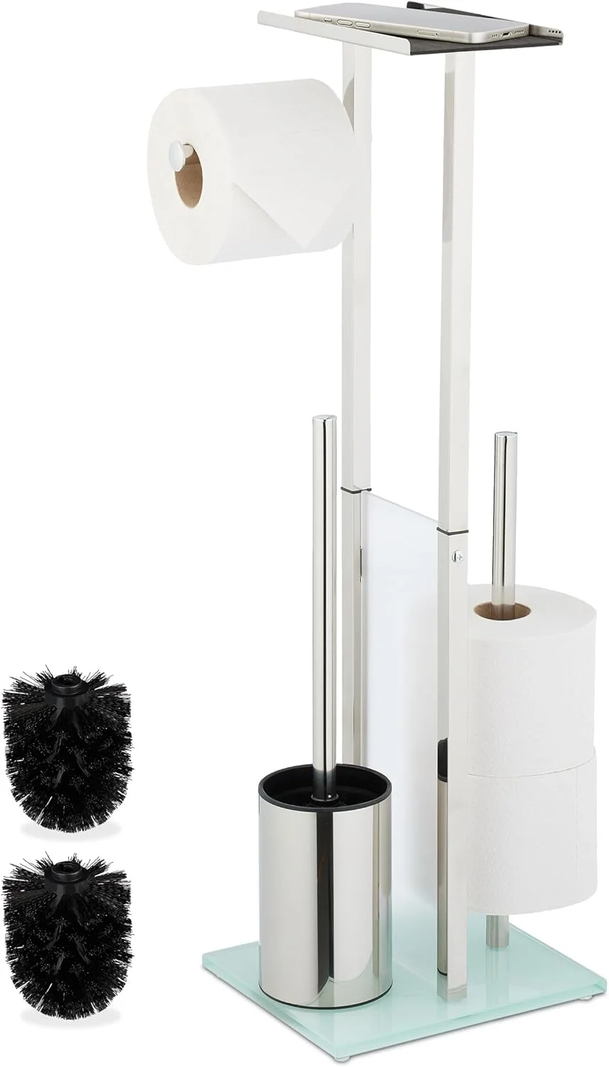 جا دستمال توالت ایستاده Relaxdays به همراه برس، جای برس، قفسه، ارتفاع x عرض x عمق: 66 x 24 x 18 سانتی متر، استیل ضد زنگ، نقره ای