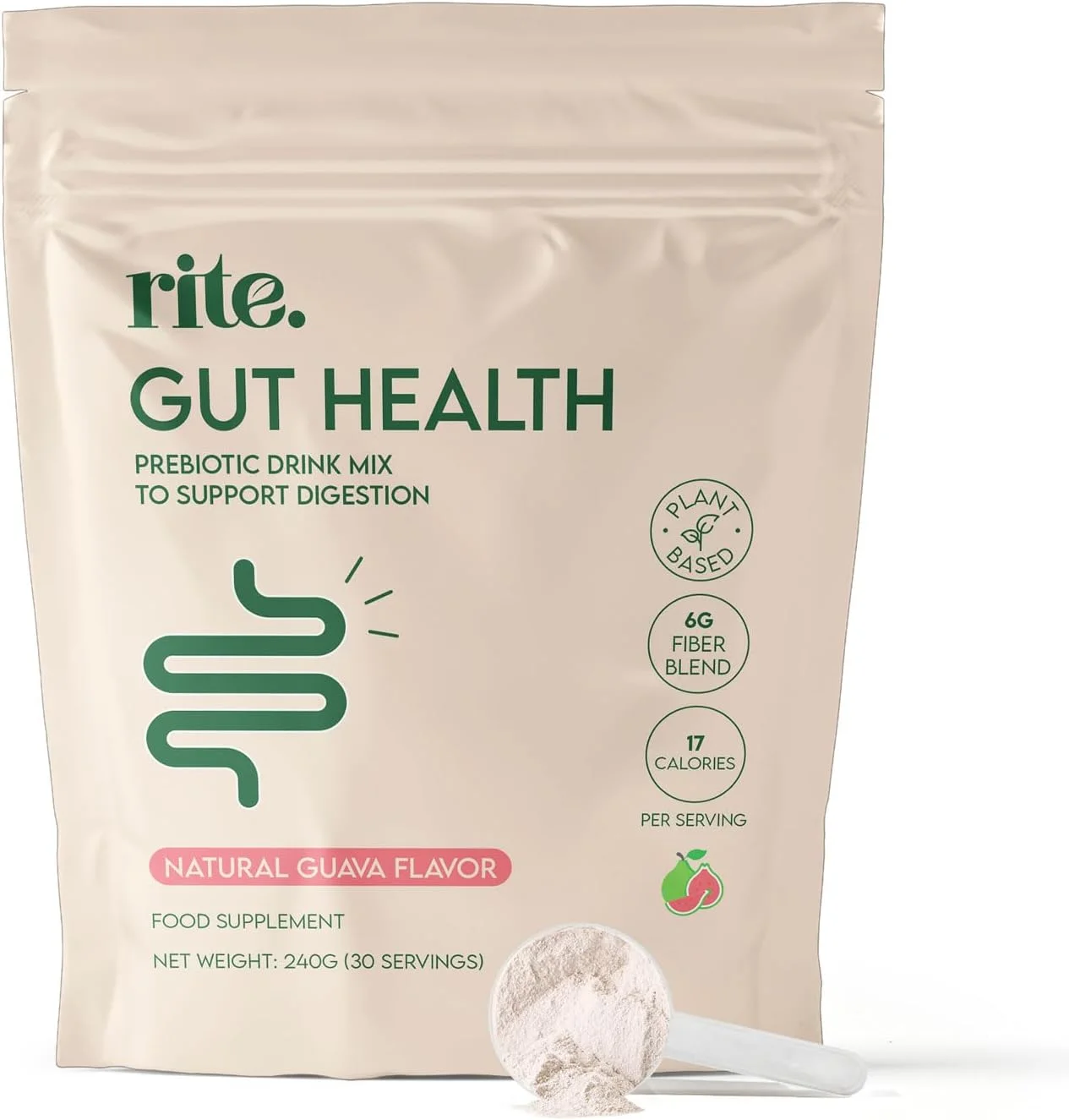 پودر پری‌بیوتیک برای سلامت روده Rite، فیبر بالا، پودر فیبر محلول، سلامت دستگاه گوارش، وگان، طعم گواوا (30 سروینگ، 1 ماه)