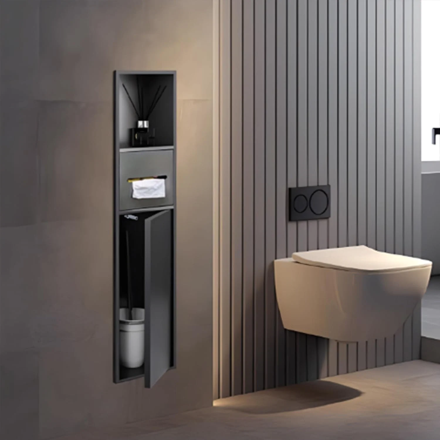 Recessed Toilet Paper Holder, Stainless Steel in Wall Toilet Paper Storage, Storage Cabinet Stand with 3 Storage, Niche Shelf, for Toilet Bathroom Kitchen Hotel(Gray)