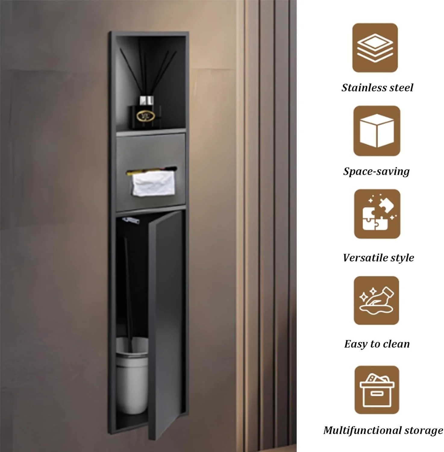 Recessed Toilet Paper Holder, Stainless Steel in Wall Toilet Paper Storage, Storage Cabinet Stand with 3 Storage, Niche Shelf, for Toilet Bathroom Kitchen Hotel(Gray)