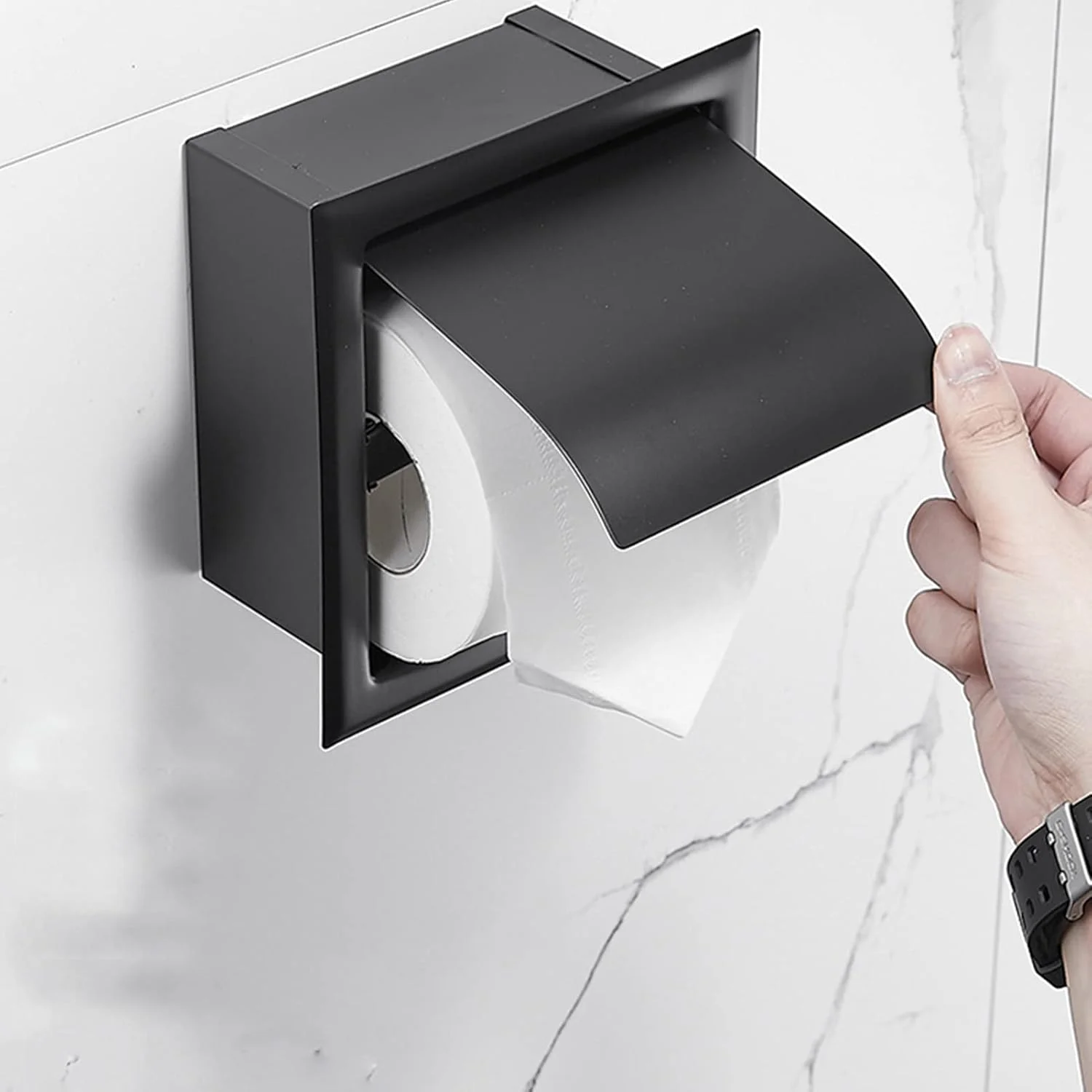 LIU- Recessed Toilet Paper Holder with Cover Bathroom Wall-mounted Toilet Paper Holder for Home or Commercial,304 Stainless Steel Matte Black