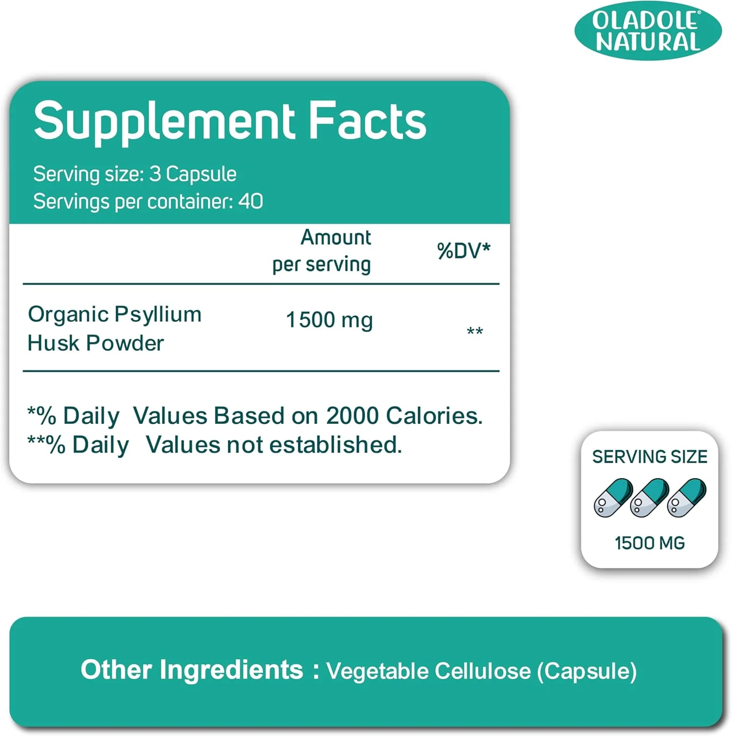 Oladole Psyllium Husk 1500mg - 120 Capsules High Fiber Supplement for Digestive Health, Weight Management & Colon Cleansing | Supports Heart Health, Detoxification & Eases Constipation | Gluten Free Oladole Psyllium Husk 1500mg - 120 Capsules High Fiber Supplement for Digestive Health, Weight Management & Colon Cleansing | Supports Heart Health, Detoxification & Eases Constipation | Gluten Free