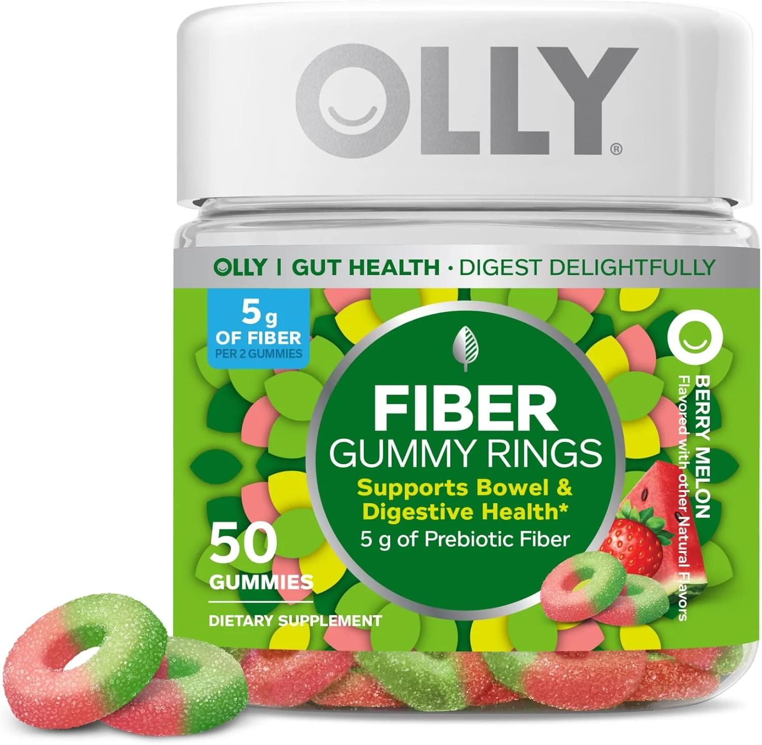حلقه های پاستیلی فیبر OLLY، 5 گرم فیبر پری بیوتیک، FOS (فروکتو-الیگوساکاریدها)، پشتیبانی از دستگاه گوارش، طعم توت خربزه 50 عددی حلقه های پاستیلی فیبر OLLY، 5 گرم فیبر پری بیوتیک، FOS (فروکتو-الیگوساکاریدها)، پشتیبانی از دستگاه گوارش، طعم توت خربزه 50 عددی
