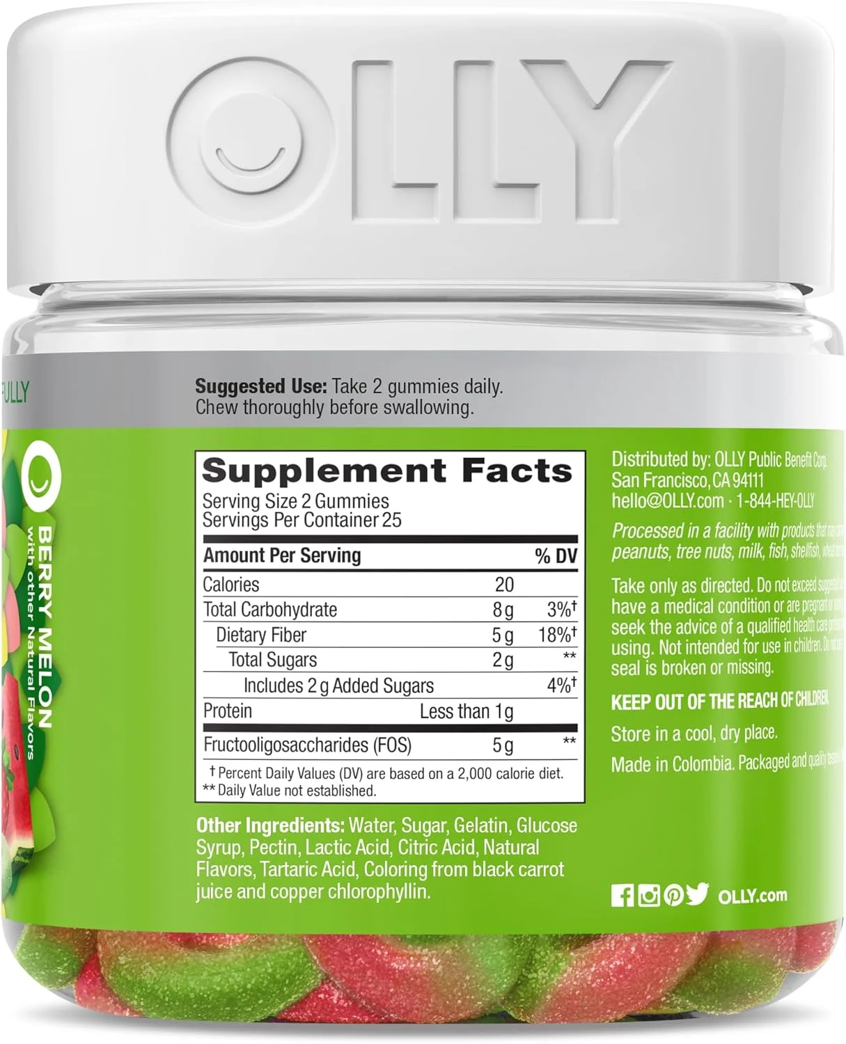 حلقه های پاستیلی فیبر OLLY، 5 گرم فیبر پری بیوتیک، FOS (فروکتو-الیگوساکاریدها)، پشتیبانی از دستگاه گوارش، طعم توت خربزه 50 عددی حلقه های پاستیلی فیبر OLLY، 5 گرم فیبر پری بیوتیک، FOS (فروکتو-الیگوساکاریدها)، پشتیبانی از دستگاه گوارش، طعم توت خربزه 50 عددی