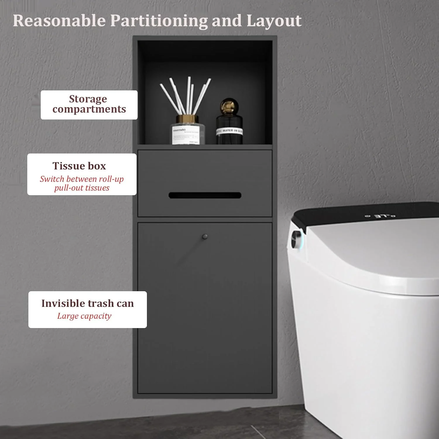 جا دستمال کاغذی توکار کابینت دیواری، جا دستمال کاغذی با کابینت ذخیره سازی، استیل ضد زنگ ضخیم شده، قفسه طاقچه، برای توالت حمام آشپزخانه هتل (خاکستری)