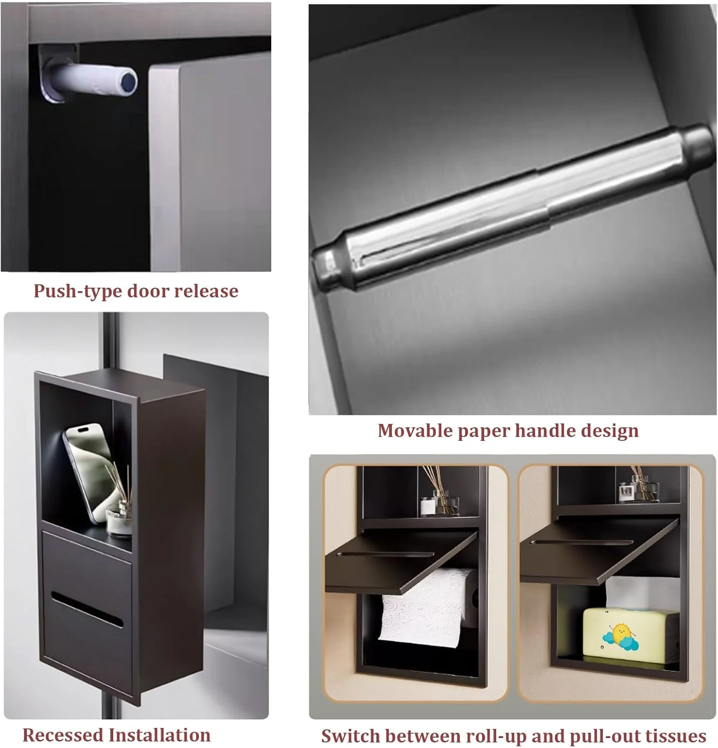 جا دستمال کاغذی توکار کابینت دیواری، جا دستمال کاغذی با کابینت ذخیره سازی، استیل ضد زنگ ضخیم شده، قفسه طاقچه، برای توالت حمام آشپزخانه هتل (خاکستری)