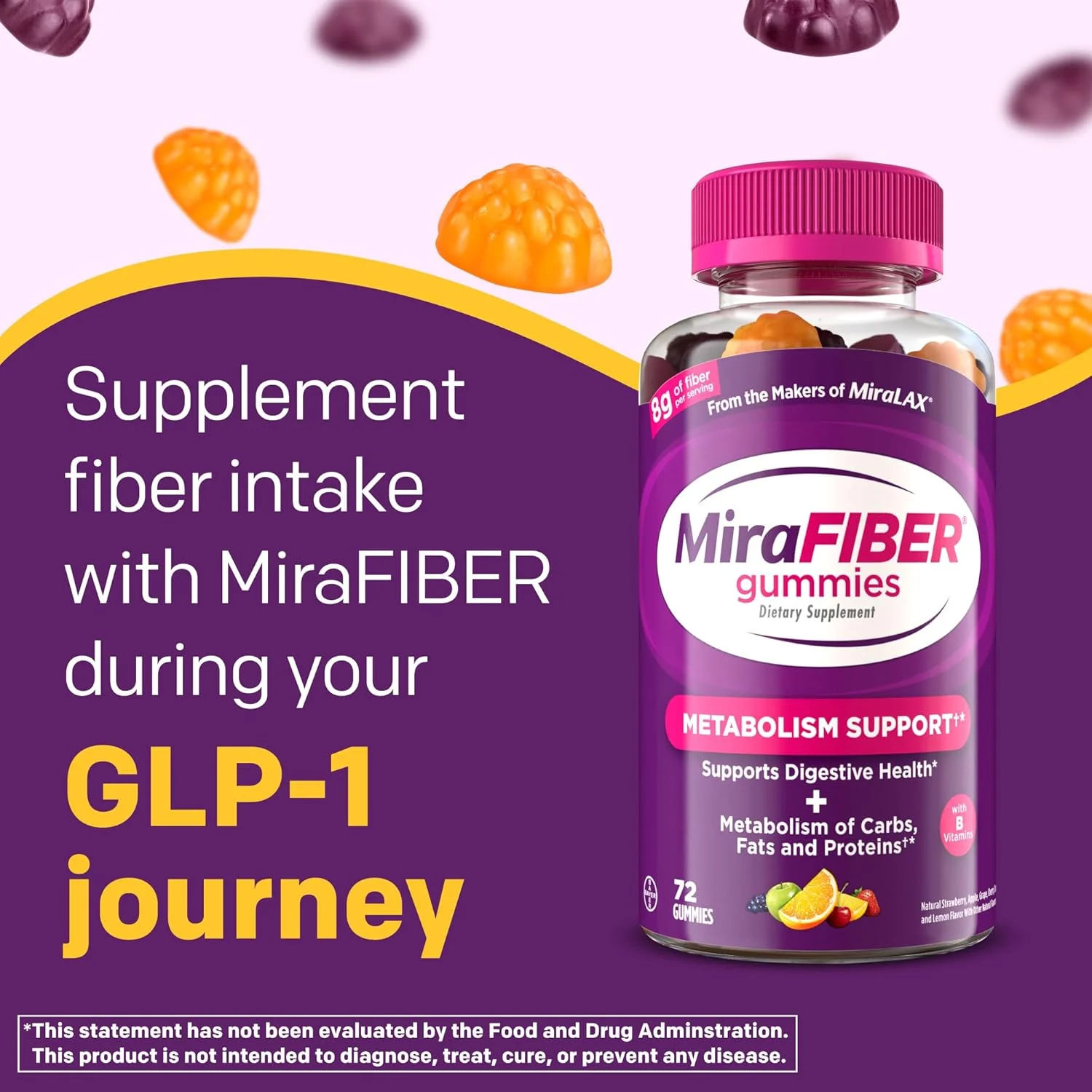 MiraFIBER آدامس های فیبر، 8 گرم فیبر پری بیوتیک روزانه با ویتامین های B برای حمایت از سلامت دستگاه گوارش و متابولیسم، آدامس های فیبر با طعم میوه، 72 عدد
