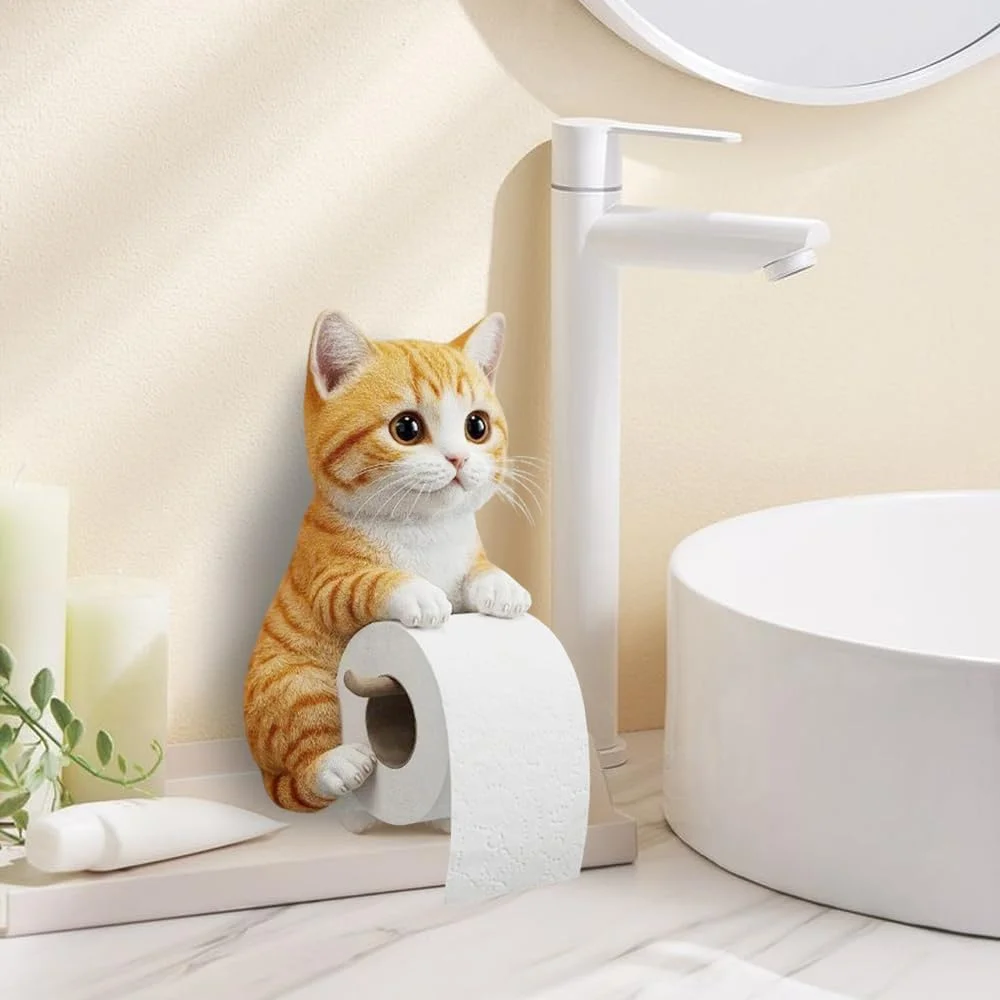 جا دستمال توالت طرح گربه واقعی، مجسمه سه بعدی گربه، جا دستمال کاغذی توالت رزینی سه بعدی طرح بچه گربه، جا دستمال توالت برای دوستداران گربه، دکوری خنده دار حمام