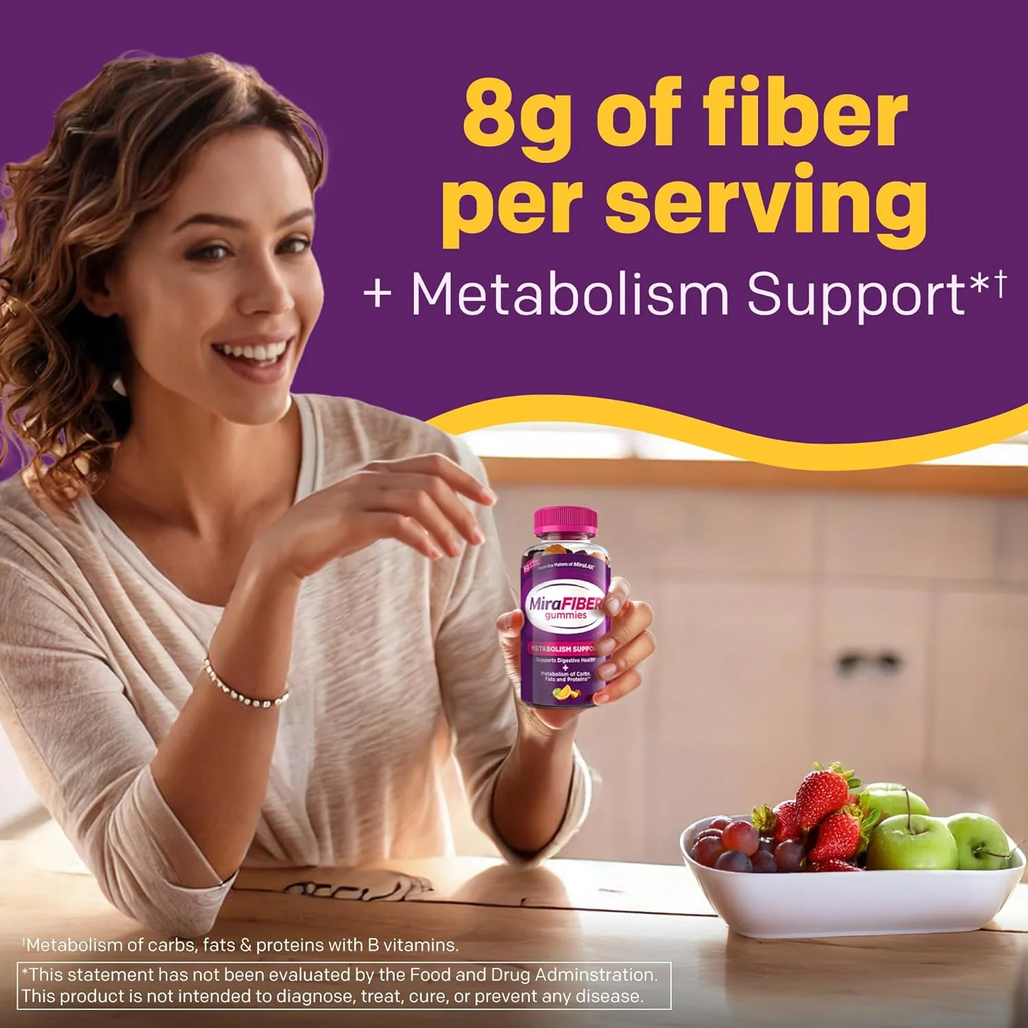 MiraFIBER آدامس های فیبر، 8 گرم فیبر پری بیوتیک روزانه با ویتامین های B برای حمایت از سلامت دستگاه گوارش و متابولیسم، آدامس های فیبر با طعم میوه، 72 عدد