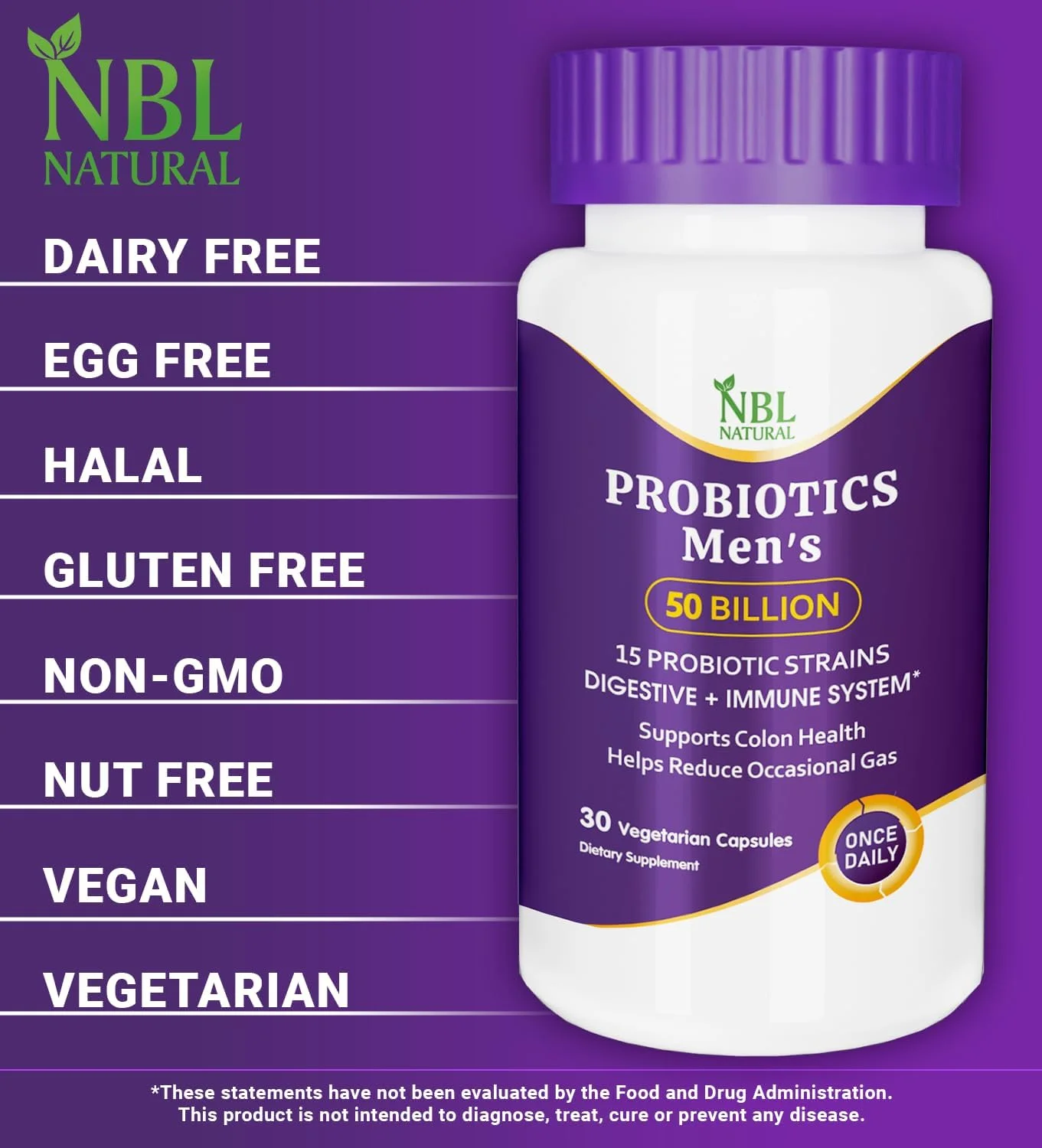 پروبیوتیک طبیعی NBL مخصوص آقایان، 50 میلیارد CFU، شامل 15 پروبیوتیک + فیبر پریبیوتیک ارگانیک برای پشتیبانی از هضم، روده بزرگ و سیستم ایمنی، تسکین روزانه گاز، 30 کپسول پروبیوتیک طبیعی NBL مخصوص آقایان، 50 میلیارد CFU، شامل 15 پروبیوتیک + فیبر پریبیوتیک ارگانیک برای پشتیبانی از هضم، روده بزرگ و سیستم ایمنی، تسکین روزانه گاز، 30 کپسول