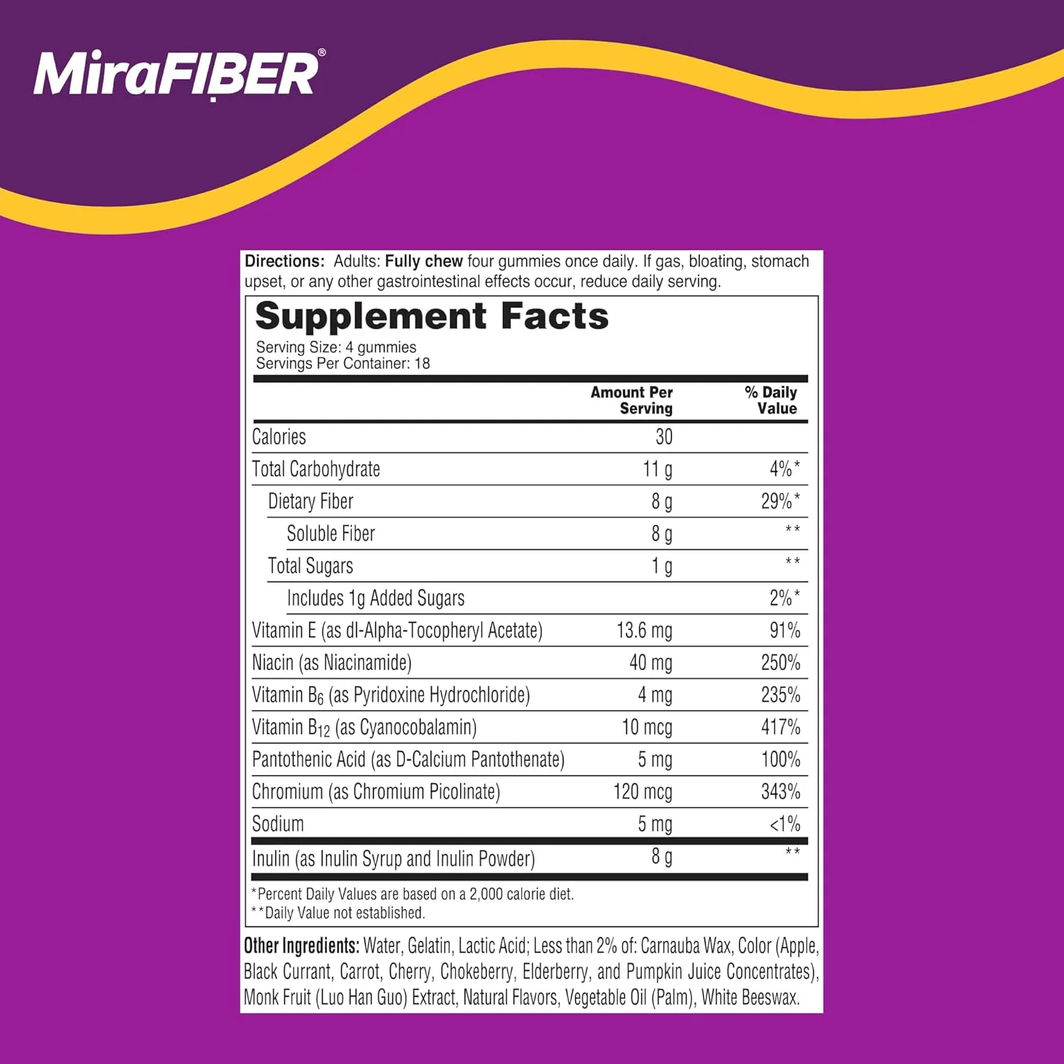 MiraFIBER آدامس های فیبر، 8 گرم فیبر پری بیوتیک روزانه با ویتامین های B برای حمایت از سلامت دستگاه گوارش و متابولیسم، آدامس های فیبر با طعم میوه، 72 عدد