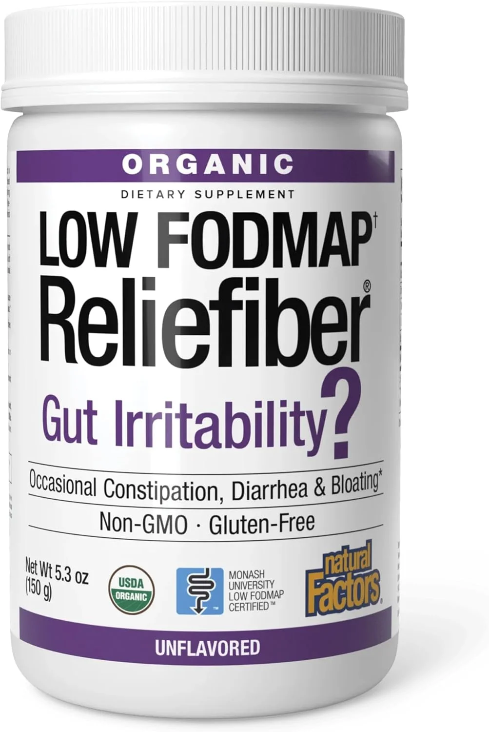 پودر فیبر ارگانیک و کم FODMAP رلیفایبر نچرال فاکتورز، فیبر گوارشی، بدون طعم، 150 گرم پودر فیبر ارگانیک و کم FODMAP رلیفایبر نچرال فاکتورز، فیبر گوارشی، بدون طعم، 150 گرم