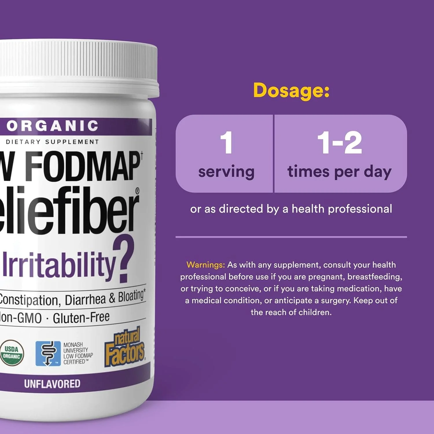 پودر فیبر ارگانیک و کم FODMAP رلیفایبر نچرال فاکتورز، فیبر گوارشی، بدون طعم، 150 گرم پودر فیبر ارگانیک و کم FODMAP رلیفایبر نچرال فاکتورز، فیبر گوارشی، بدون طعم، 150 گرم