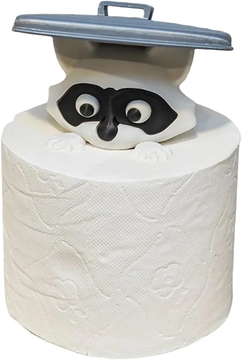 جا کاغذی طرح راکون بامزه، مجسمه سه بعدی راکون نگهدارنده رول دستمال کاغذی، جا حوله ای حیوانات خنده دار و دوست داشتنی برای دکوراسیون حمام منزل، جا دستمال توالت خنده دار برای دوستداران راکون (سفید)