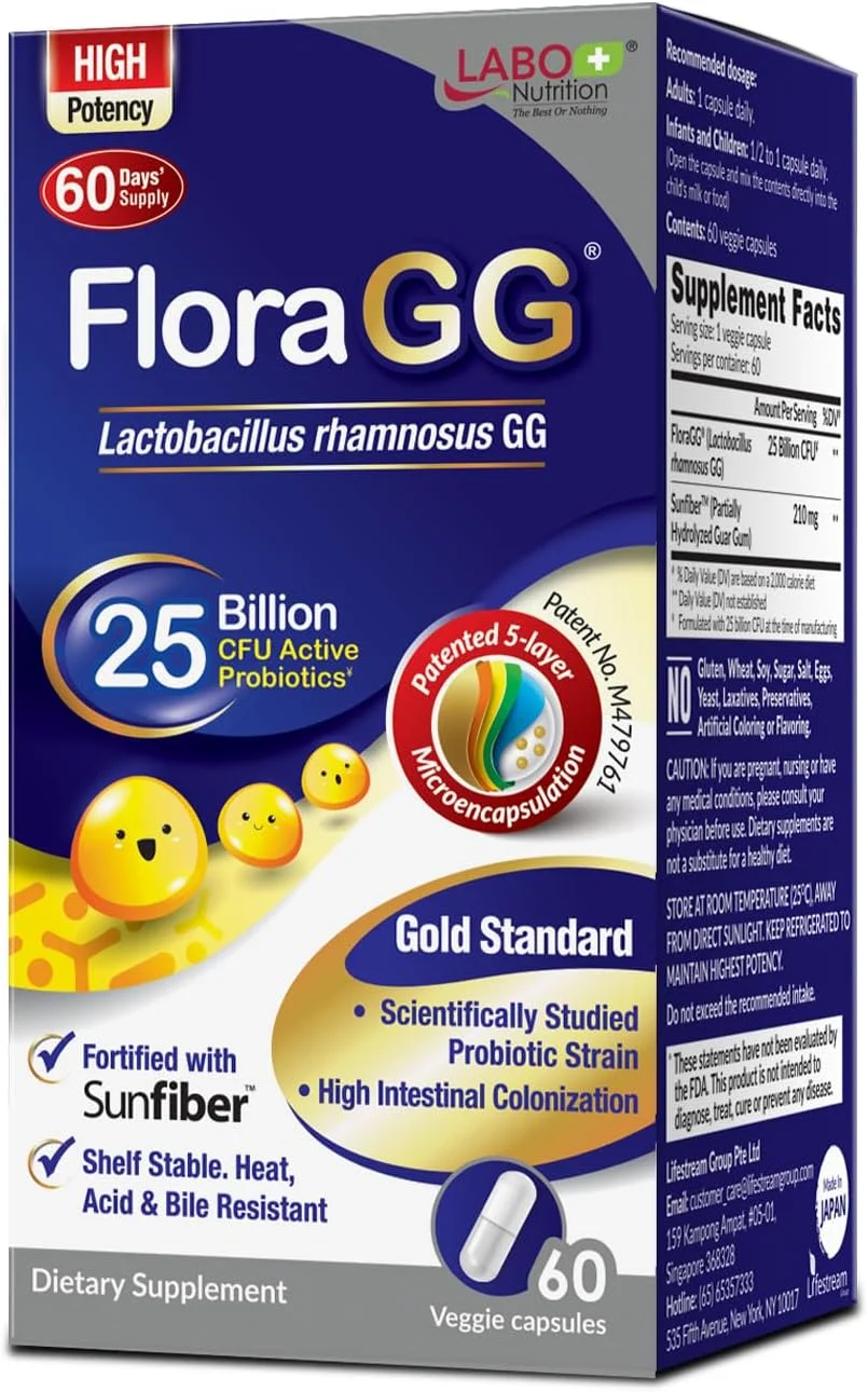 مکمل پروبیوتیک فعال LABO Nutrition FloraGG، حاوی لاکتوباسیلوس رامنوسوس GG با 25 میلیارد CFU و مکمل فیبر پری‌بیوتیک Sunfiber، پشتیبانی از سلامت روده و سیستم ایمنی | غیر تراریخته و بدون گلوتن - 60 عدد