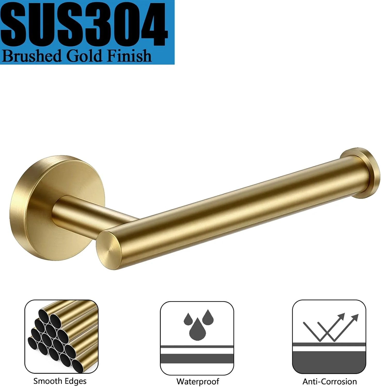 ست لوازم جانبی سخت افزاری حمام استیل ضد زنگ 304 Pynsseu طلایی برس خورده، ست 2 تکه شامل جا دستمال کاغذی توالت، حلقه حوله دستی