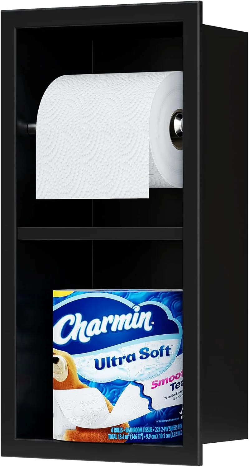 جا دستمال کاغذی توکار Qeke، جا دستمال کاغذی حمام از جنس استیل ضد زنگ 304 با محفظه نگهداری، جا رولی دستمال توالت دیواری، مشکی مات