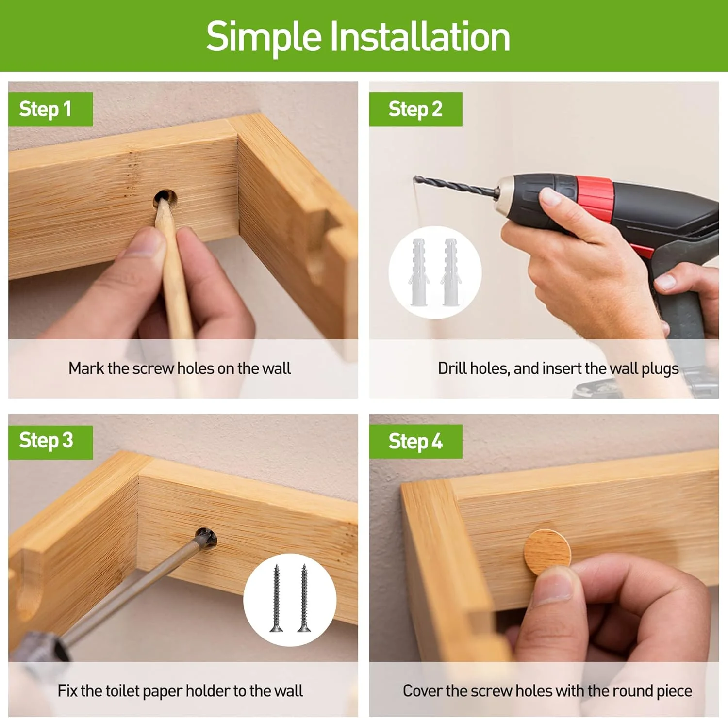 جا دستمال کاغذی دیواری بامبو PYINRUOLI، جا دستمال کاغذی چوبی، جا دستمال کاغذی چسبی حمام، جا دستمال کاغذی رولی چوبی برای حمام