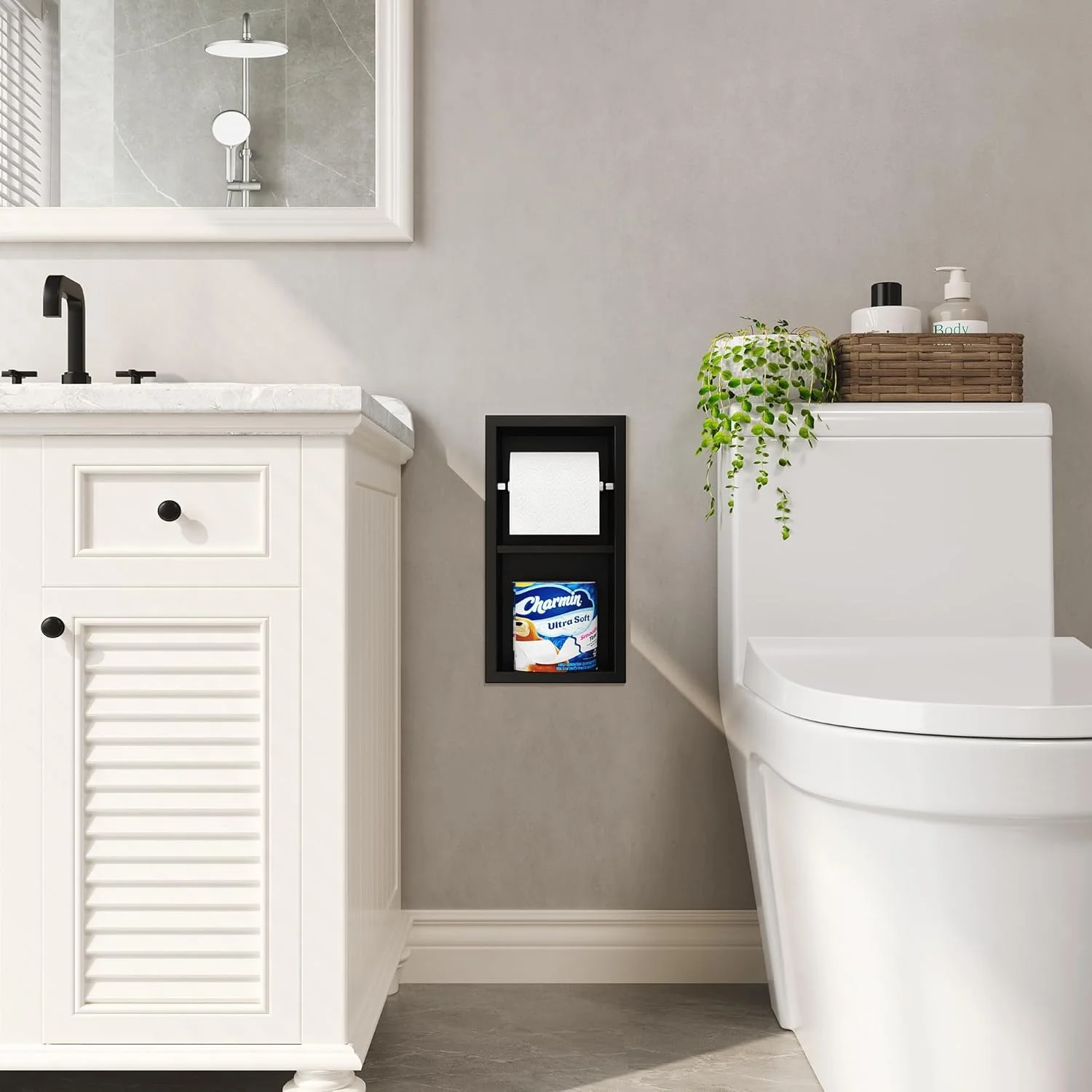 جا دستمال کاغذی توکار Qeke، جا دستمال کاغذی حمام از جنس استیل ضد زنگ 304 با محفظه نگهداری، جا رولی دستمال توالت دیواری، مشکی مات