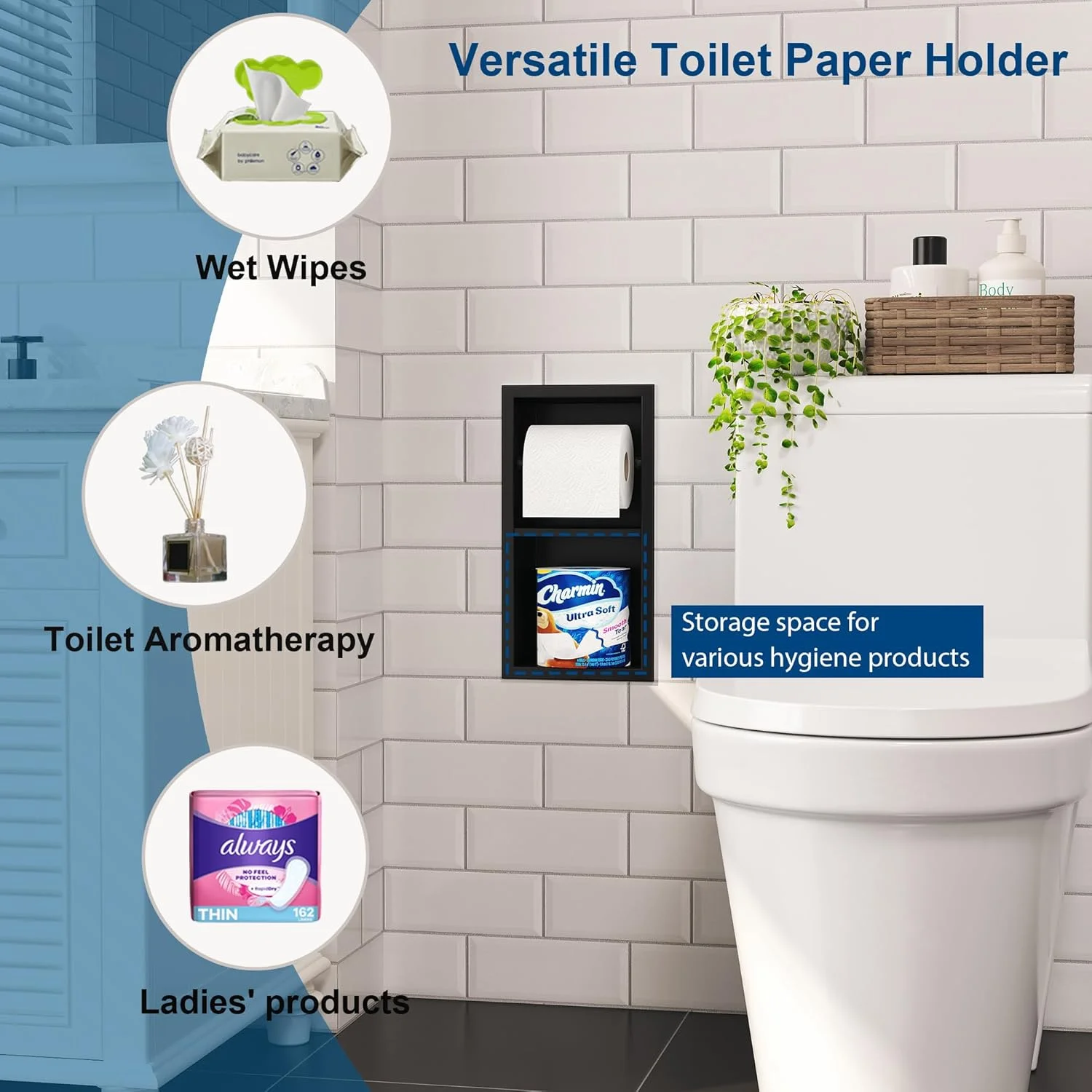 جا دستمال کاغذی توکار Qeke، جا دستمال کاغذی حمام از جنس استیل ضد زنگ 304 با محفظه نگهداری، جا رولی دستمال توالت دیواری، مشکی مات