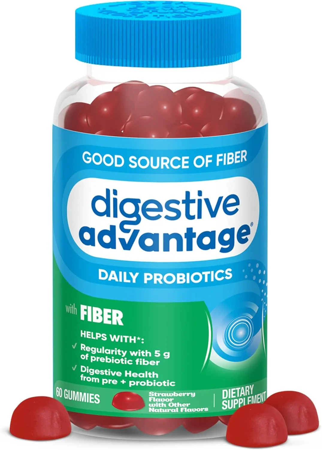 پاستیل فیبر پری بیوتیک Digestive Advantage + پروبیوتیک برای سلامت دستگاه گوارش، پاستیل های روزانه برای زنان و مردان، مکمل گوارشی برای تنظیم و سلامت روده، 60 عدد با طعم توت فرنگی