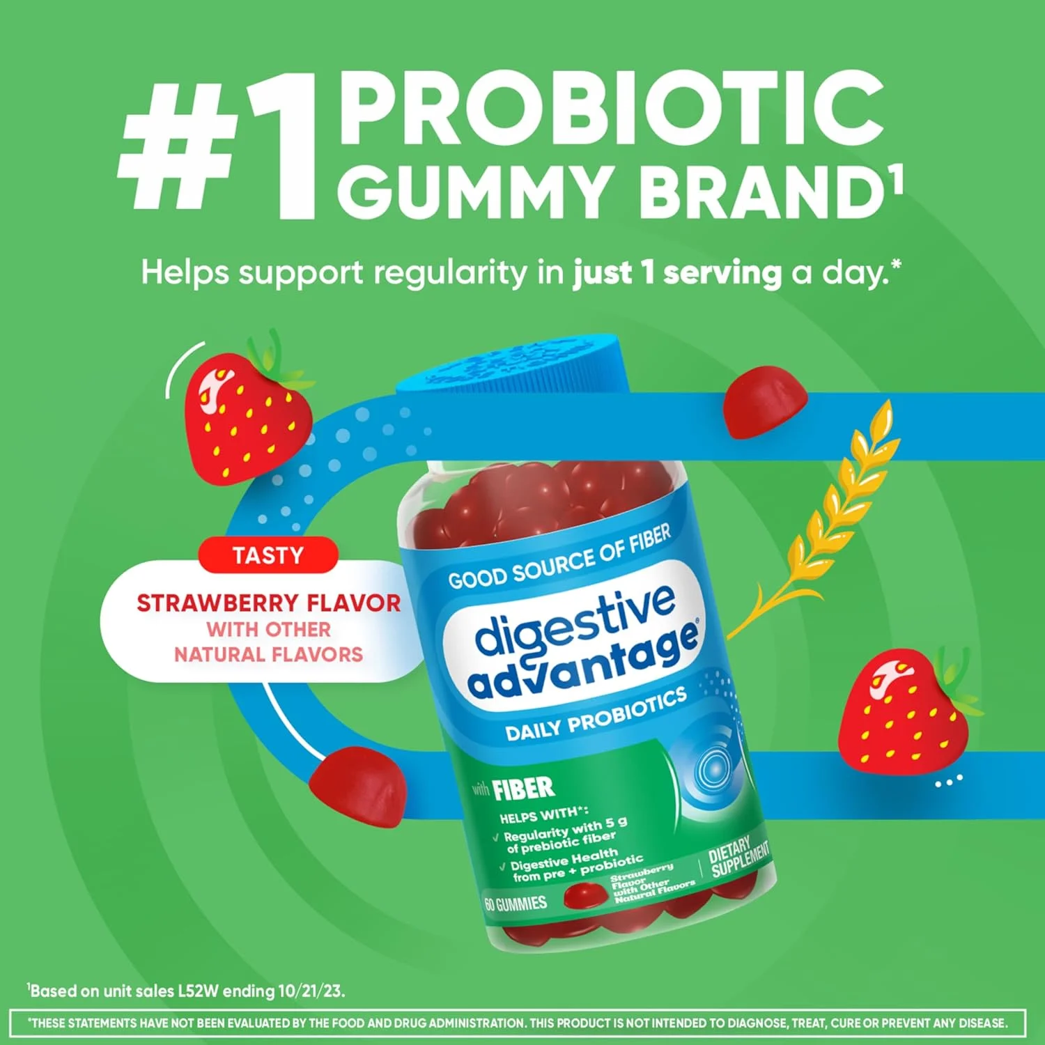 پاستیل فیبر پری بیوتیک Digestive Advantage + پروبیوتیک برای سلامت دستگاه گوارش، پاستیل های روزانه برای زنان و مردان، مکمل گوارشی برای تنظیم و سلامت روده، 60 عدد با طعم توت فرنگی