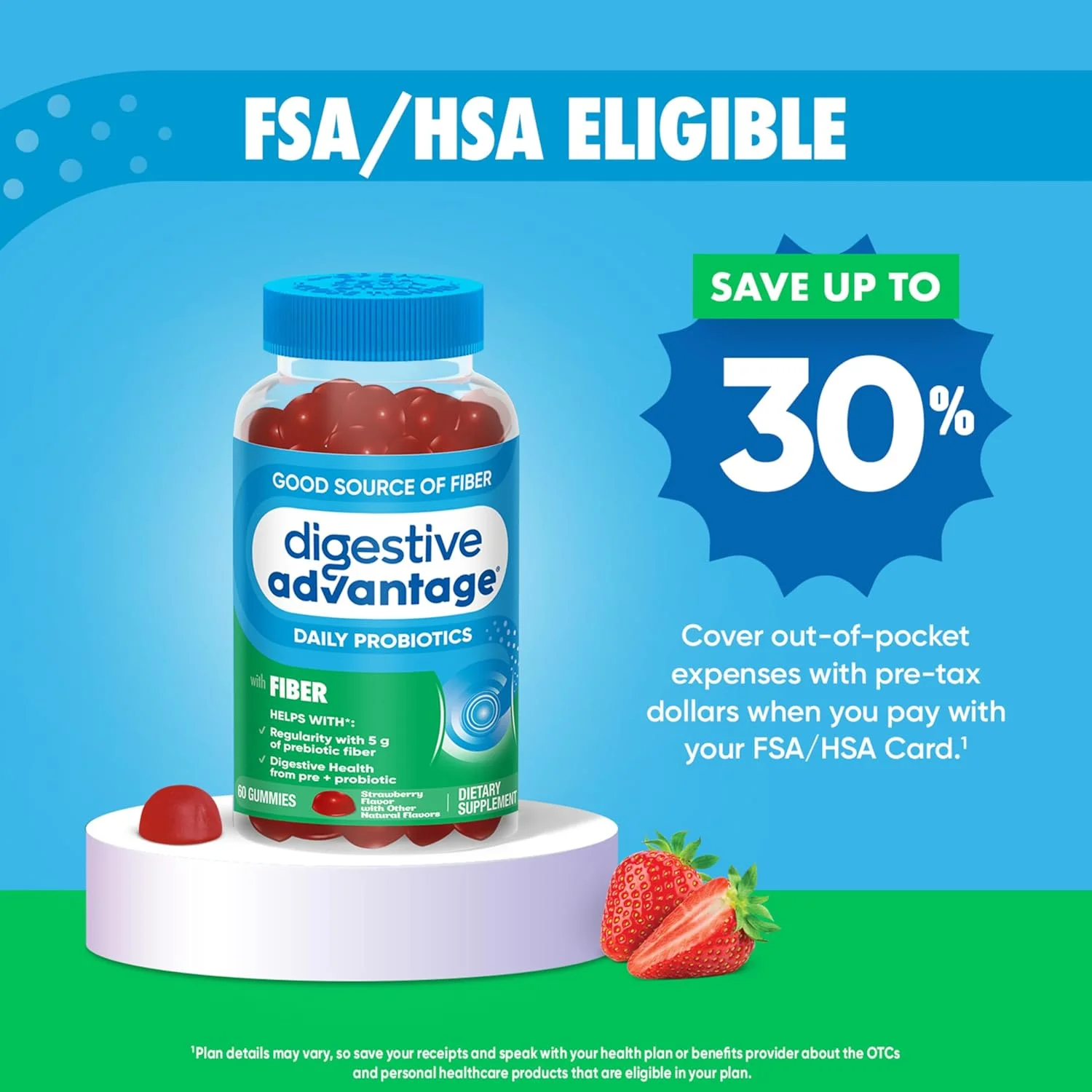 پاستیل فیبر پری بیوتیک Digestive Advantage + پروبیوتیک برای سلامت دستگاه گوارش، پاستیل های روزانه برای زنان و مردان، مکمل گوارشی برای تنظیم و سلامت روده، 60 عدد با طعم توت فرنگی